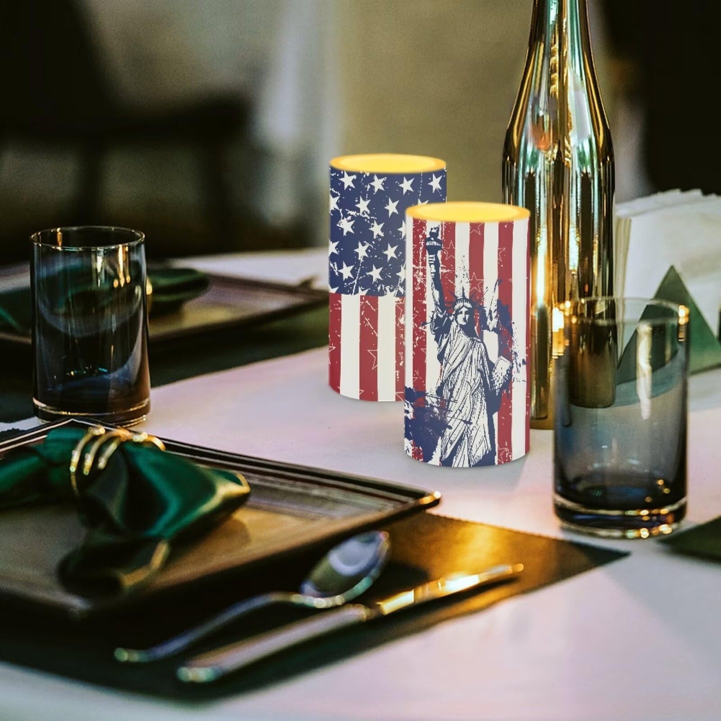 NETILGEN American Flag Statue of Liberty Set of 2 Flameless Candles LED Battery Operated Candles with Realistic July 4th Independence Memorial Day Decoration