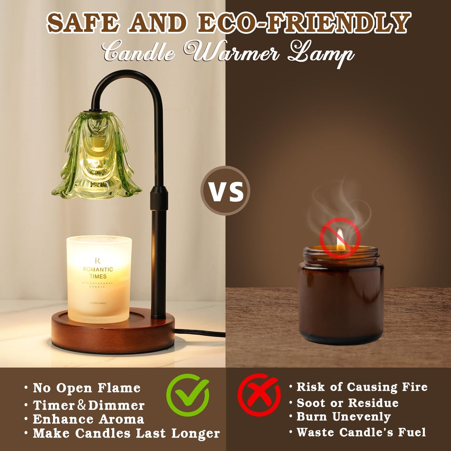 Small Candle Warmer Lamp with Timer, Adjustable Green Lamp Warmer for Jar Candles, Unique Women Gifts for Birthday, Dimmable Candle Heater, Mothers Day Gifts, Cute Wax Warming Light with Wood Base