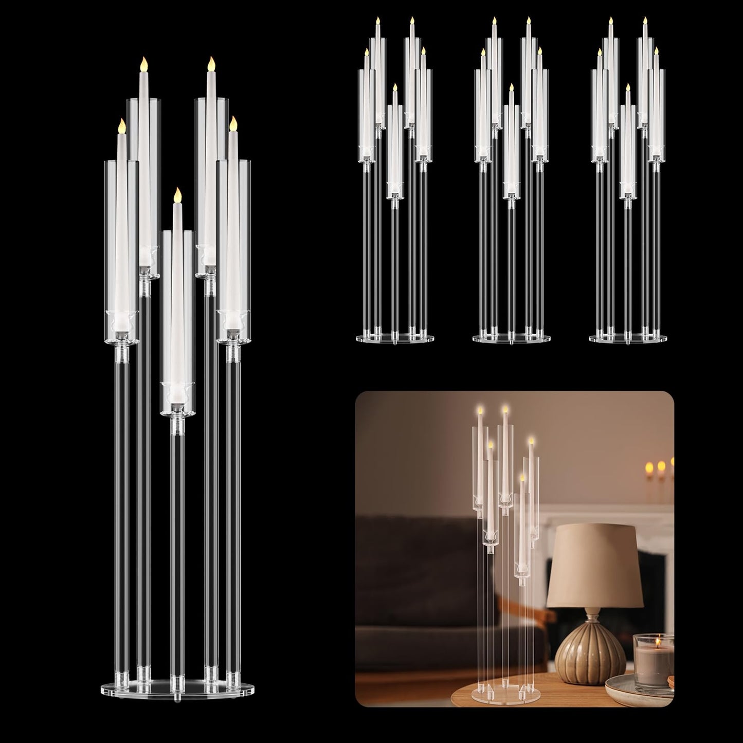 4PCS 5 Arm Acrylic Candelabra Centerpieces, Clear Candle Taper Candlestick Holder Tall Candelabra for Party Birthday Dinner Event Fireplace Decortion (US Fast Arrival)