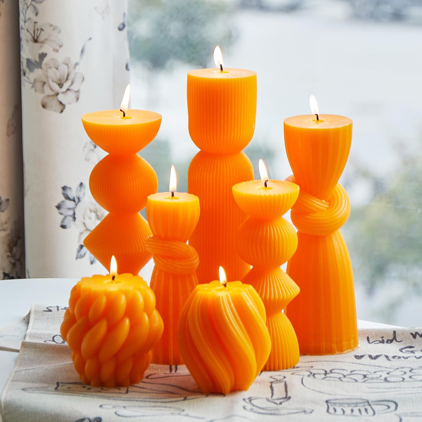 7 Pcs Large Ribbed Pillar Candles - Handmade Soy Wax Candles for Home Decor, Modern Shelf Decor, Housewarming Gift, Aesthetic Room Decor (Orange)