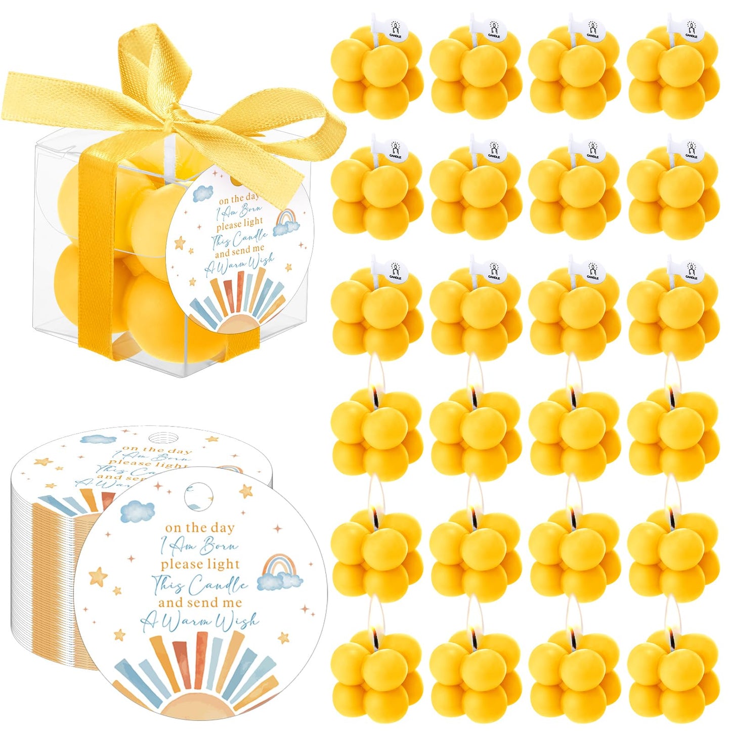 MTLEE 24 Sets Here Comes the Son Baby Shower Favors Small Bubble Candle for Guests Tea Candles Bulk with Stylish Ribbons Cards Gifts Party Decoration(Yellow, Sun)