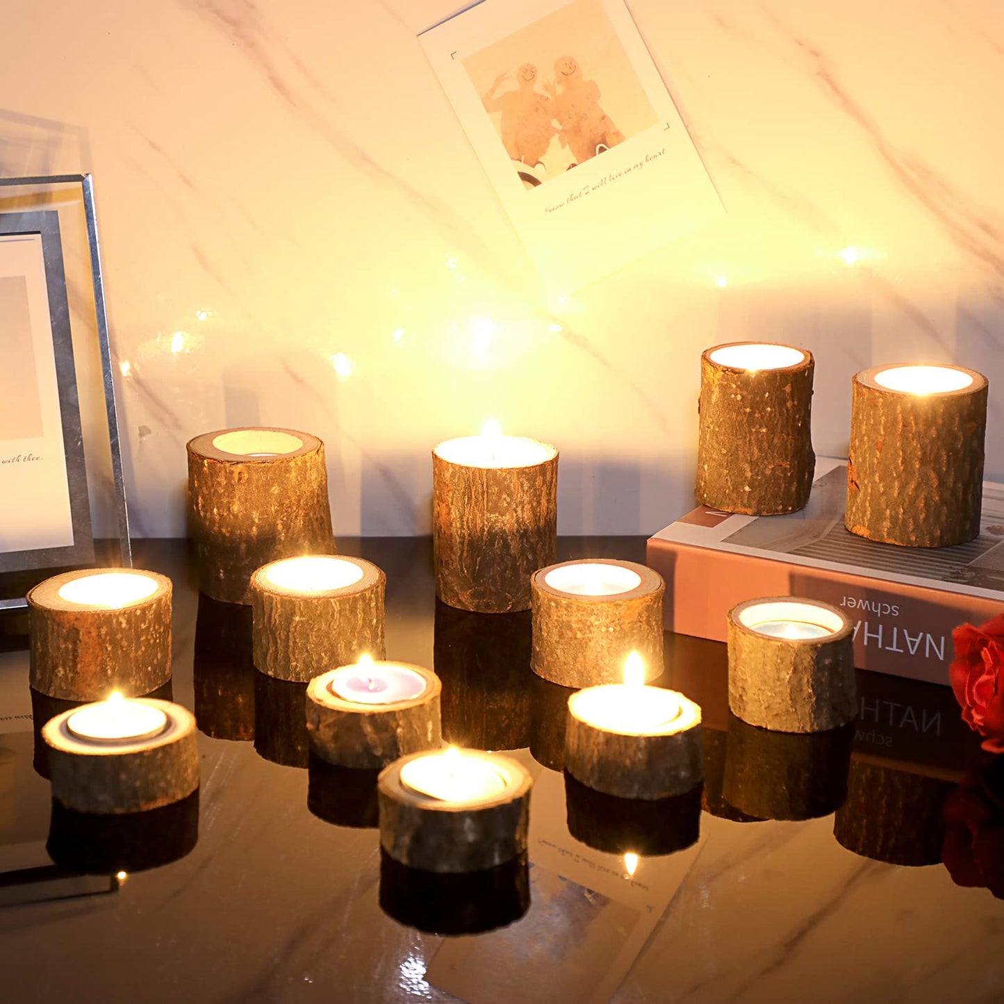 OwnMy Set of 12 Wooden Tea Light Candle Holders Votive Candle Holders, Rustic Pillar Candle Stands Vintage Wood Tealight Holders Set for Wedding Party Dining Table Centerpieces, 1" + 1.6" + 2.7"