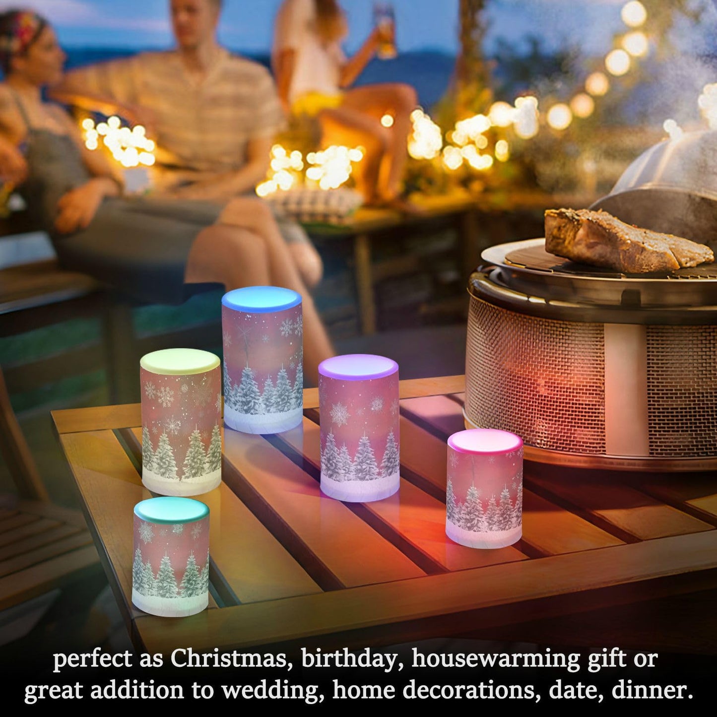 senya Christmas Lights Flameless Candles Christmas Trees Snowflakes Print Pillar Candles Set of 2 Battery Operated Remote Control Warm Lights Home Decor