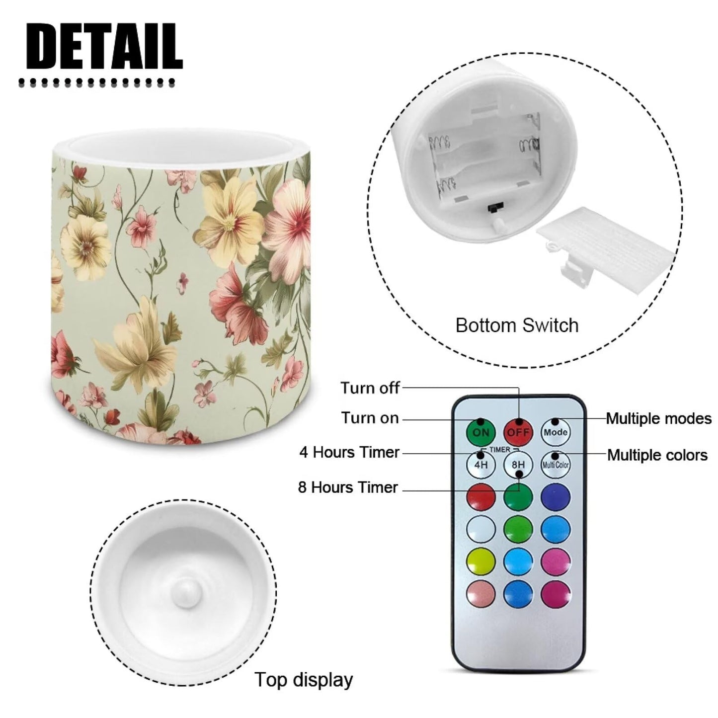 NETILGEN Yellow Floral Print Flameless LED Candles with Remote Timer Control Set of 4 Home Decorative Realistic Flickering Flameless Candles with Battery Powered