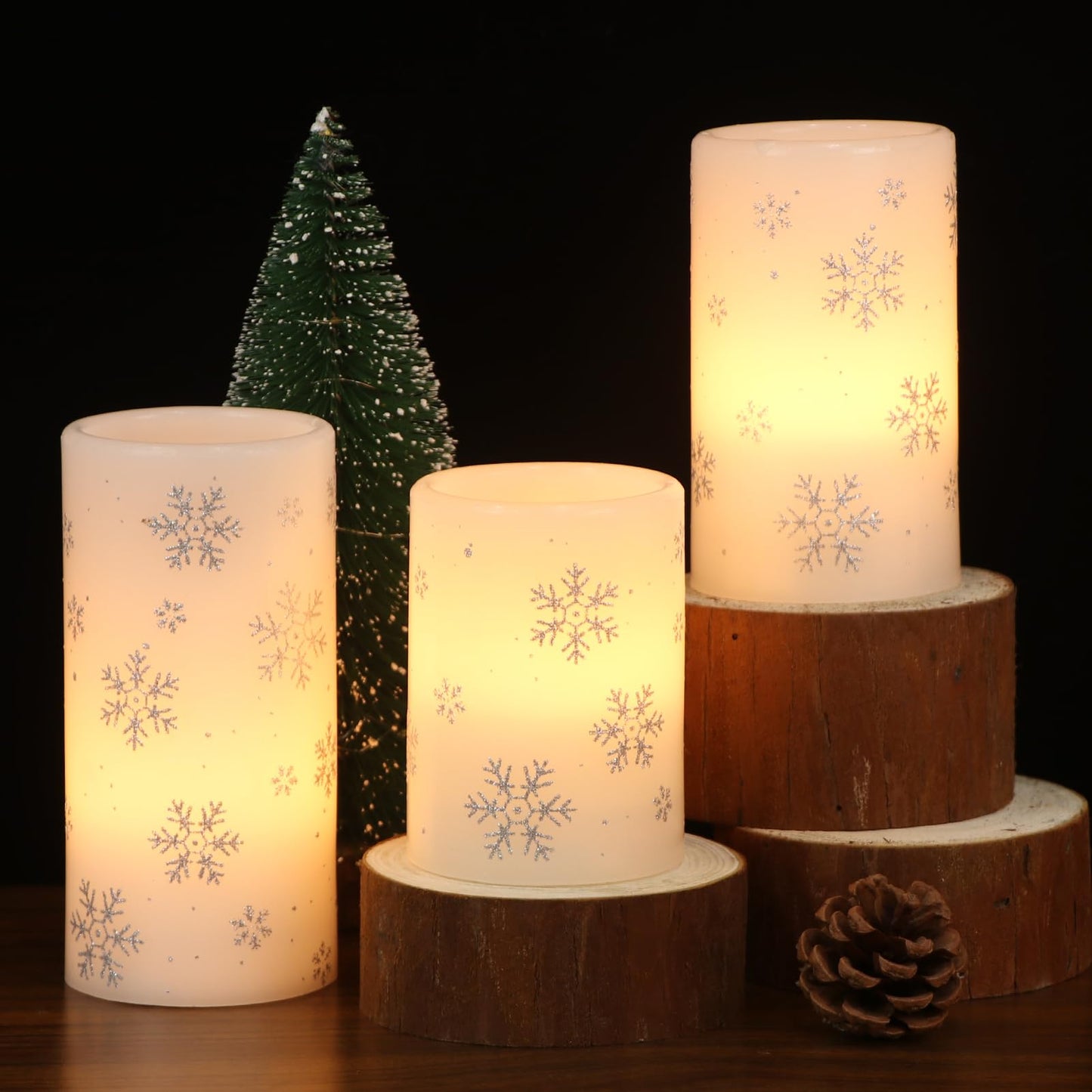 Lasumora Snowflake Christmas Candles with 6H Timer, Battery Operated Candles, Real Wax Flameless LED Candle Pillar for Home Décor Christmas Decorations Gifts, 3x4/5/6 inches