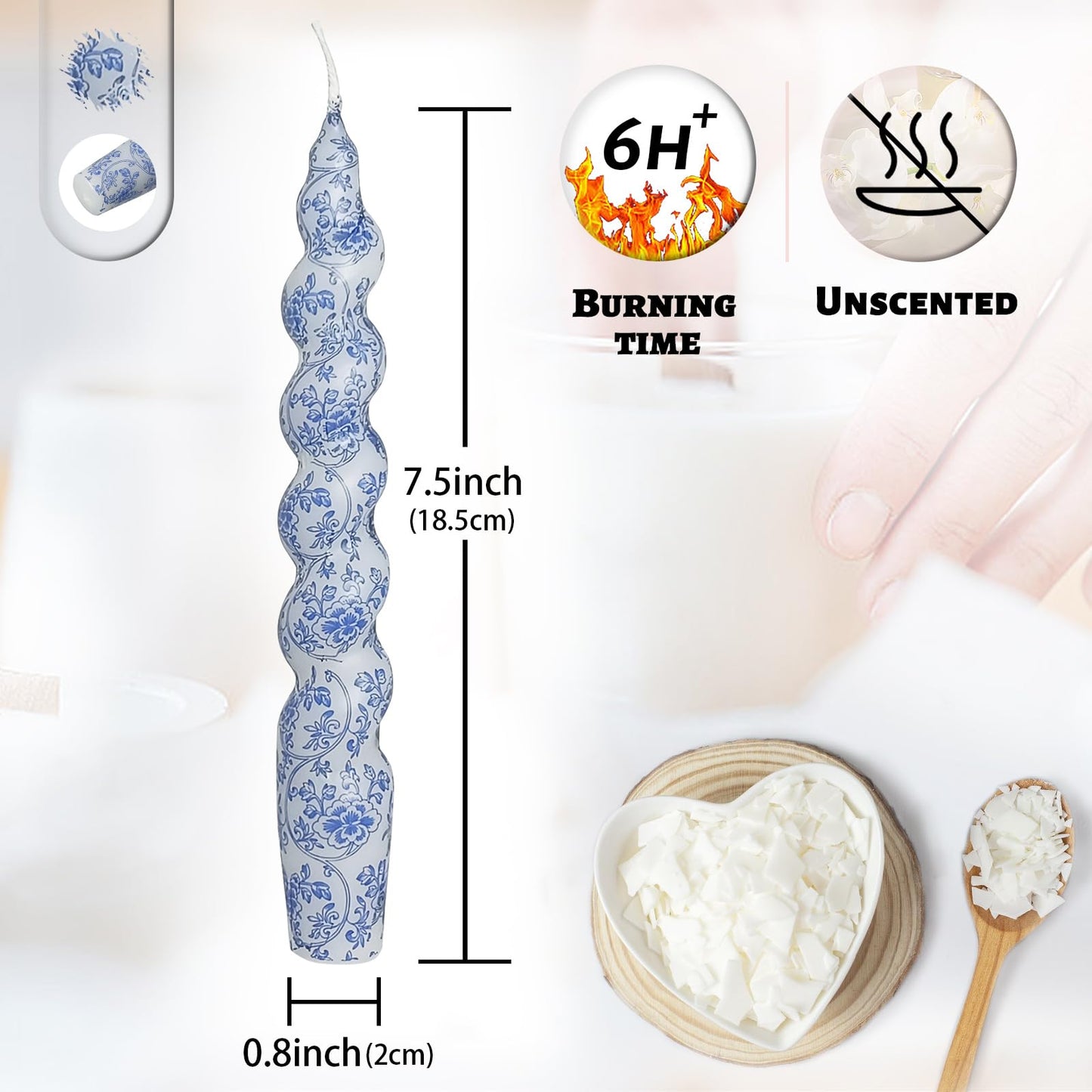 Unscented Floral Taper Candle Spiral Candlesticks - Set of 4 Handmade Blue Flower Twisted Candle 7.5 Inch Short Print Tapered Candles for Home Wedding Dinner Gifts