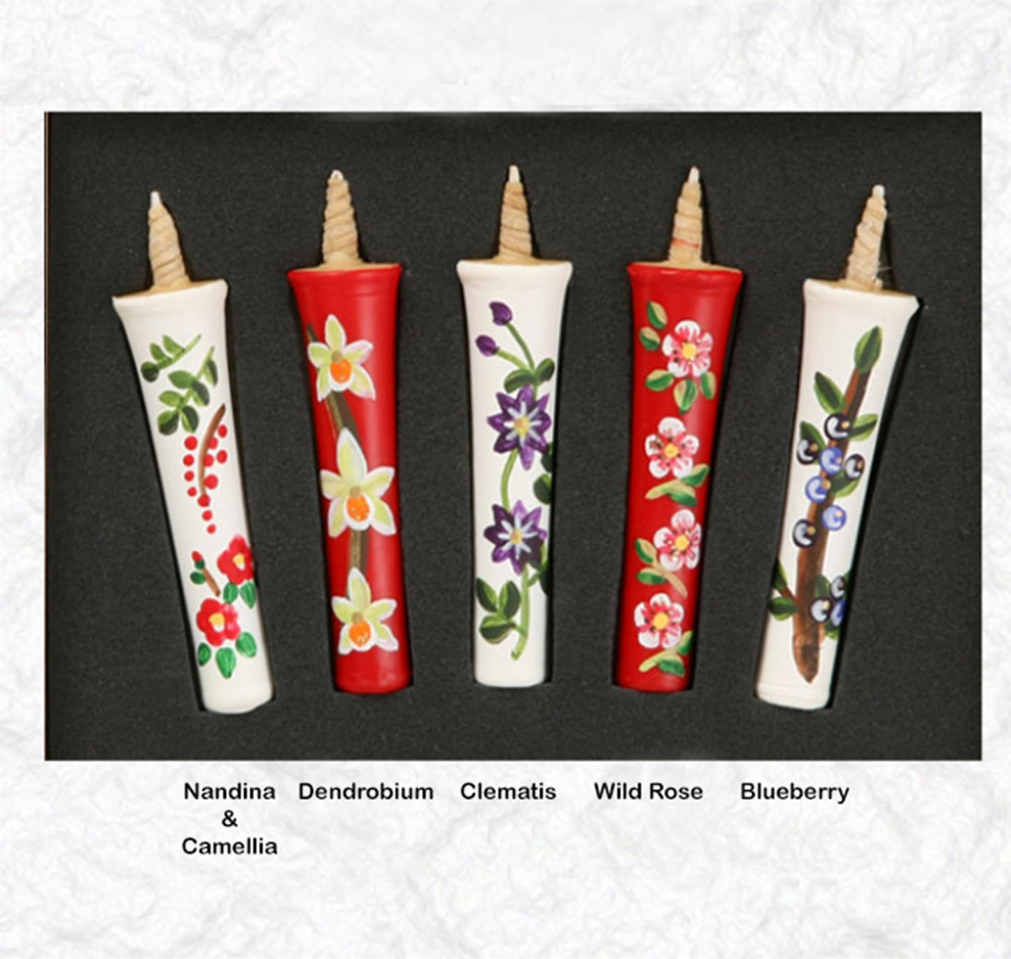 IPPINKA Japanese E-Rosoku Candles, Set of 5 – 100% Organic Vegetable Haze Wax, Hand-Painted Floral Designs, Dripless, Smokeless, Handmade in Japan