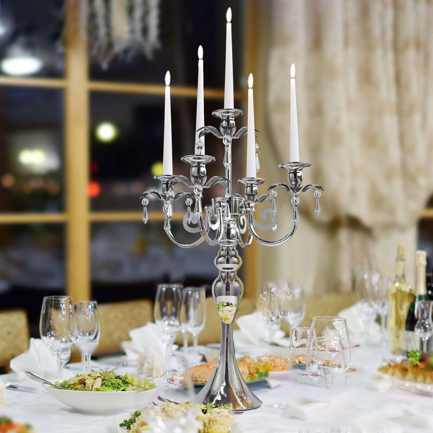 20.3'' Tall 5 Arm Candle Holder Centerpiece for Table, Metal Candelabra Candle Holder, Retro Candlestick Table Centerpieces for Party, Events, Home, Wedding Decor (1Pc, Silver)