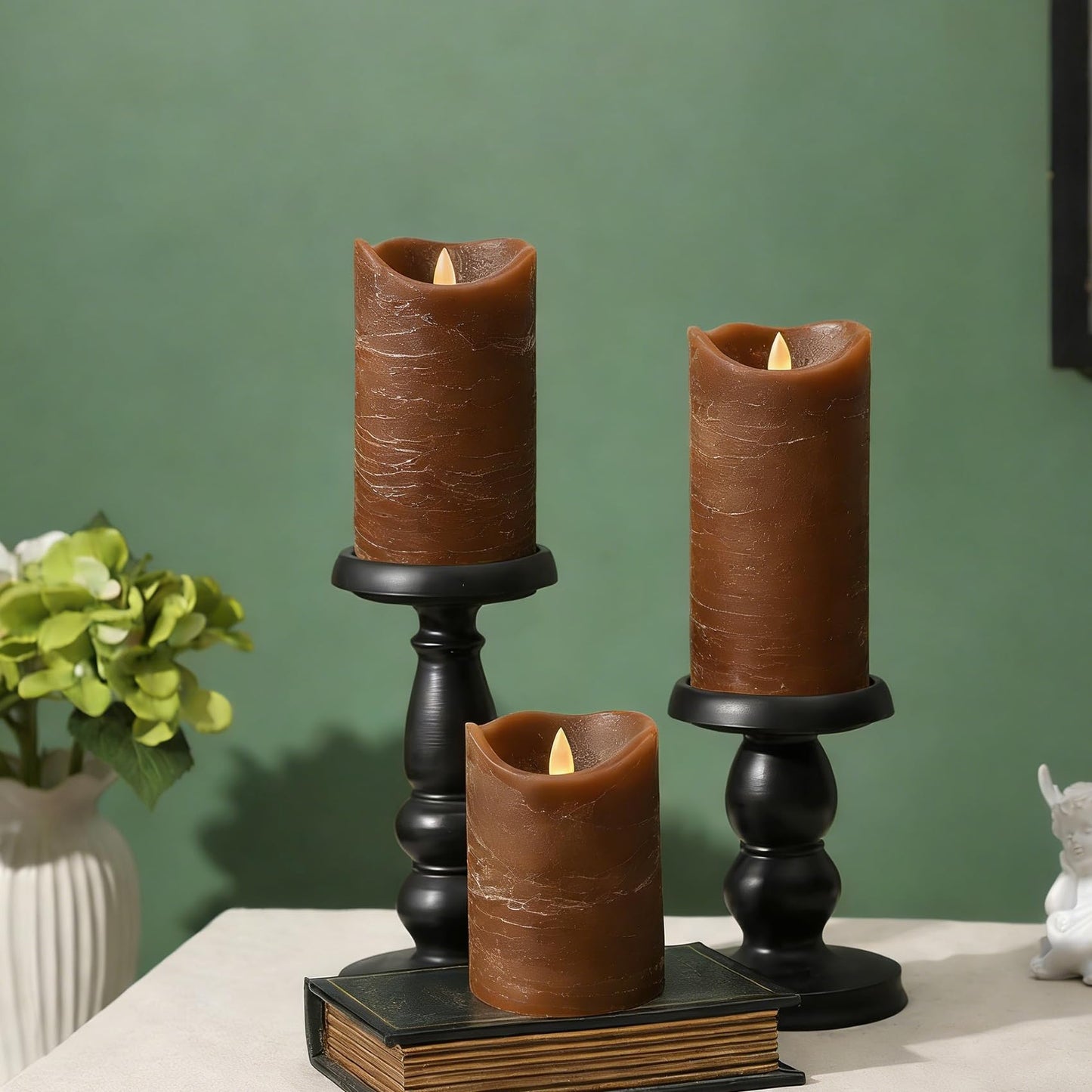 EZiKitchen Real Wax Flameless Candles Set of 3 (D 3" x H 4" 5" 6") Battery Operated LED Candle with Timer Home Decorative Pillar Flickering Lights,Wedding Party Events Decor,Brown