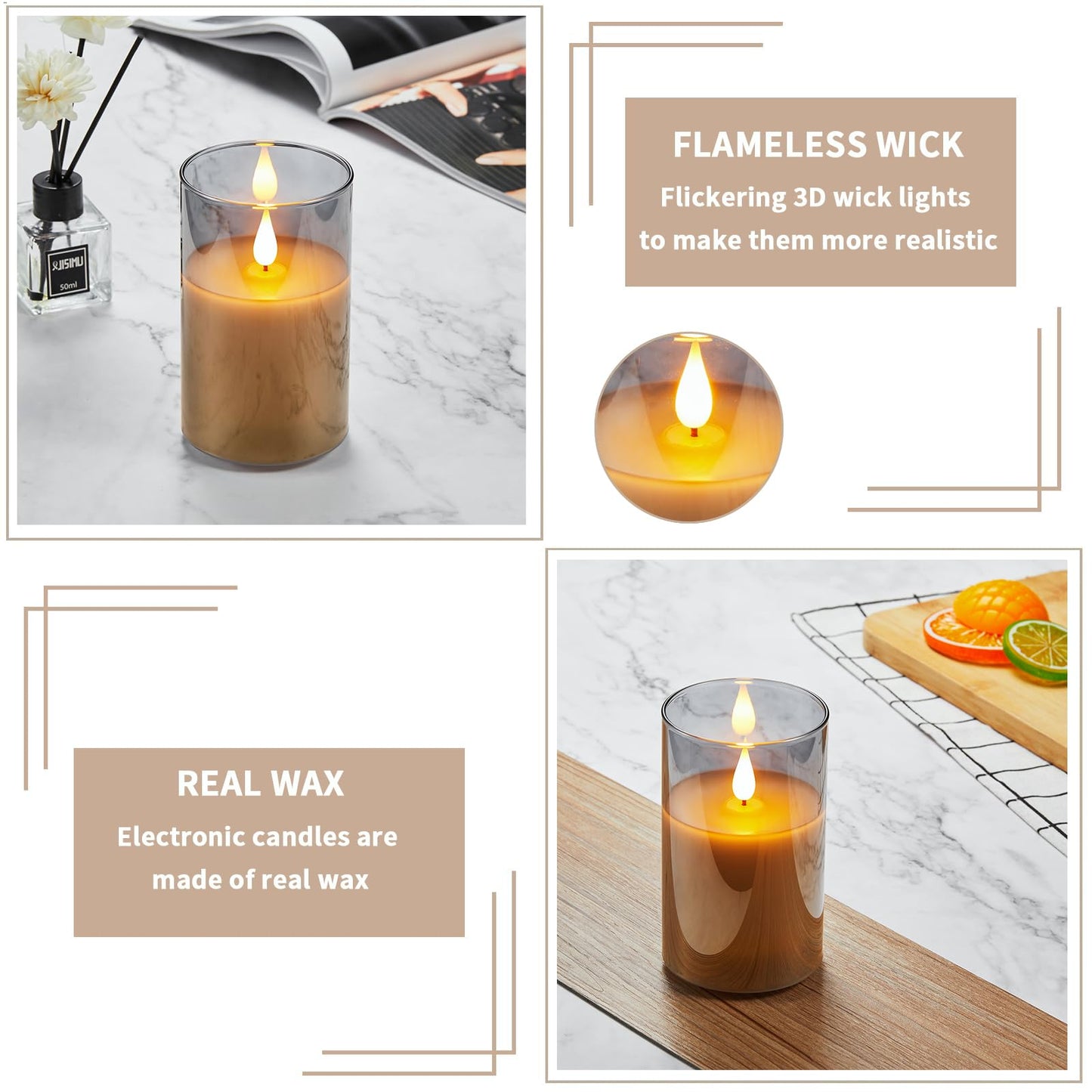 Guluto Glass Battery Operated LED Flameless Candles, Set of 2, D 3" x H 5", Real Wax Pillar Flickering Candles with Remote and Timer, Electronic Candle with 3D Wick for Festival Home Party Decor Grey