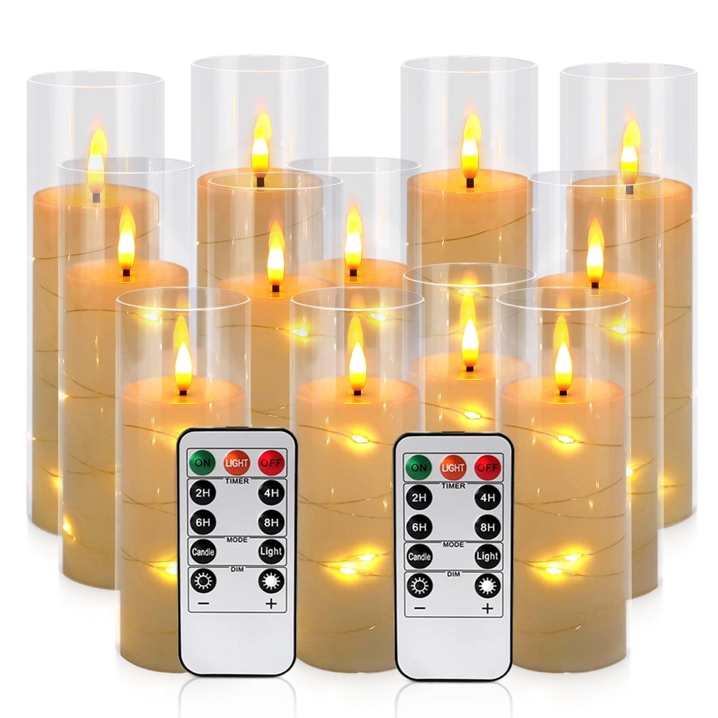 12 Pack Acrylic Flameless Candles,with Embedded Star String, Battery Operated Candles Flickering LED Pillar Candles with Remote Control and Timer, Ideal for Indoor/Outdoor Decor,Wedding,BBQ and Gift.