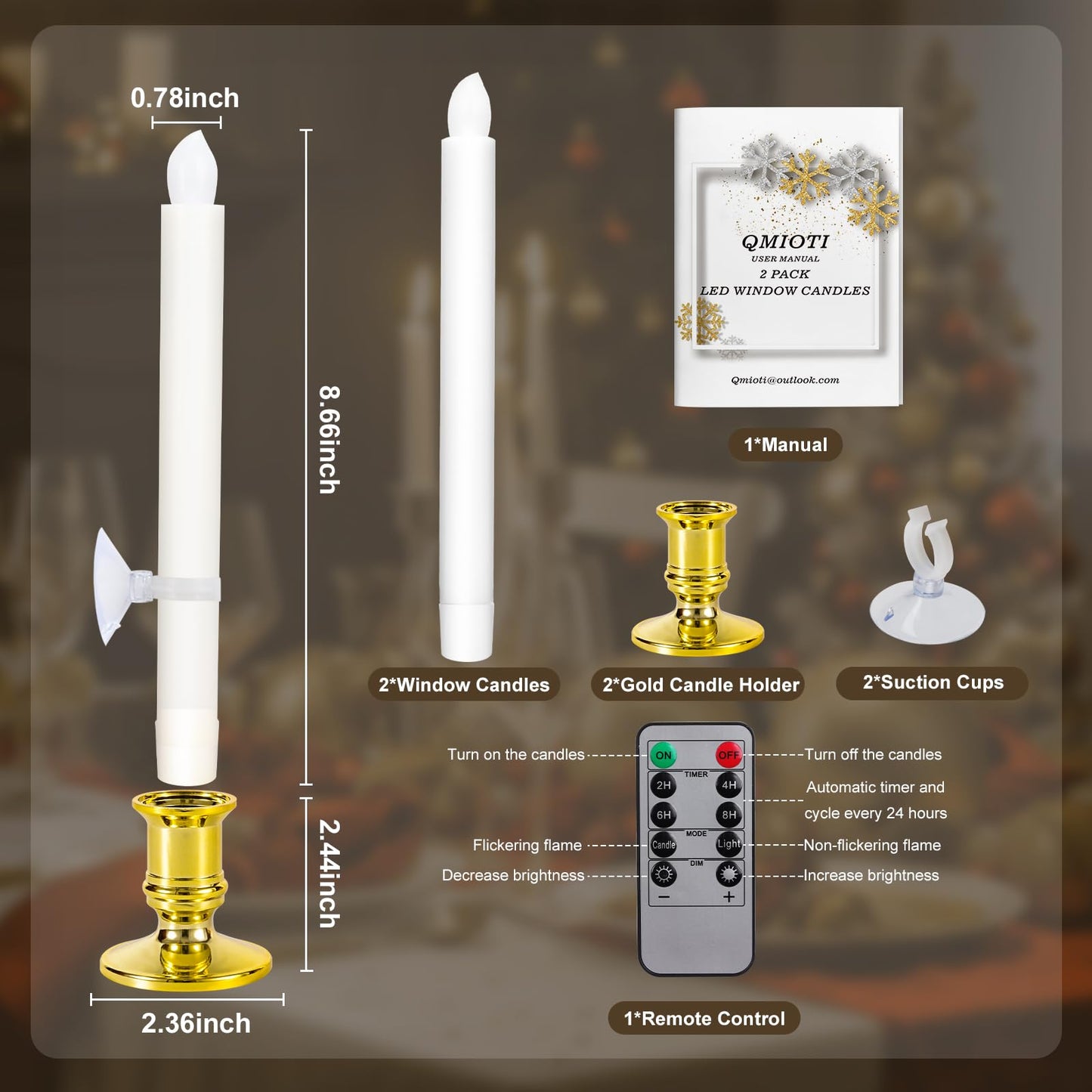 Qmioti 2 Pack Christmas Window Candles with Remote Timer, Flickering Flameless Candles with Candle Holders Suction Cups for Christmas Party Decorations, Gold