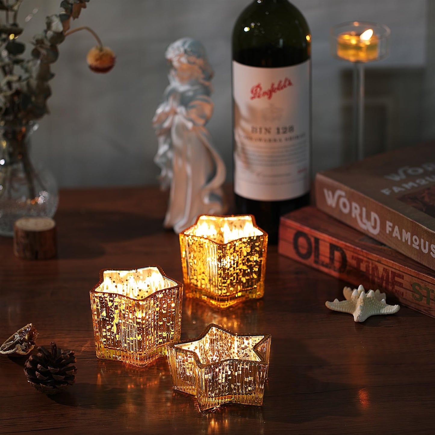 Letine 10pcs Gold Ribbed Candle Cups – Assorted Height Tea Light & Votive Candle Holders for Diwali, Wedding, Table Centerpiece, Fall & Holiday Decor – Lucky Star Jar (Tall 2.44", Short 1.57")