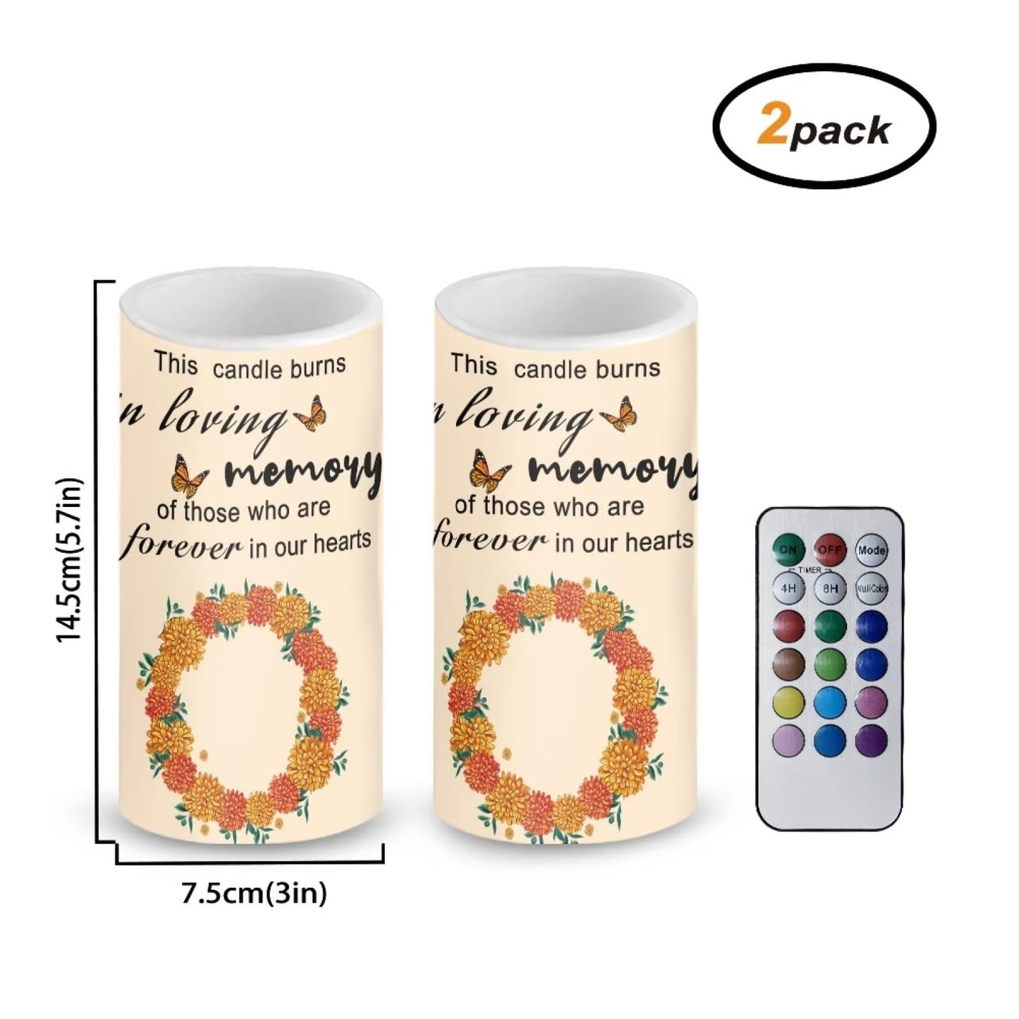 Luarisgur Personalized LED Memorial Candle for Loss of Loved One 2 Pack 6 x 3 inch Flameless Candles Orange Battery Operated Candles with Multicolor Timer Remote Control Flameless LED Fake Candles