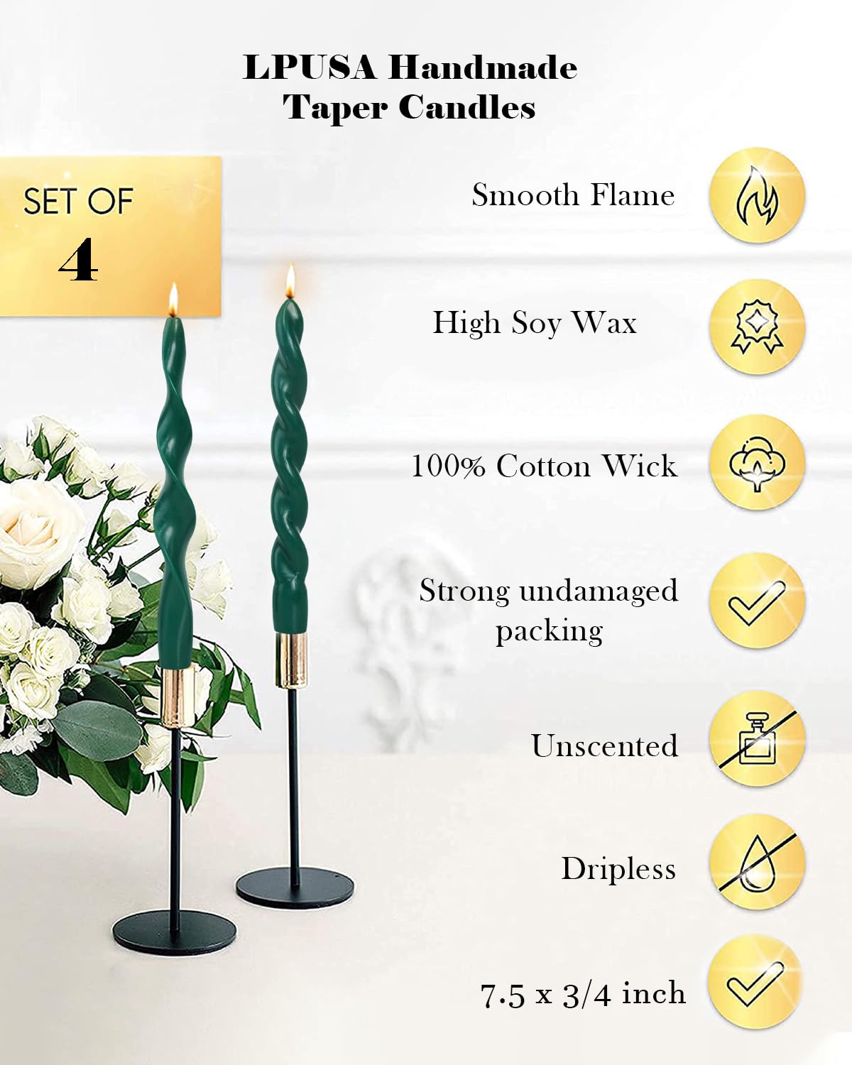 Spiral Taper Candles Green Short Candle Sticks Unscented Smokeless Twisted Candlesticks for Holiday Dinner Party Christmas Decorations-7.5inch-4pack
