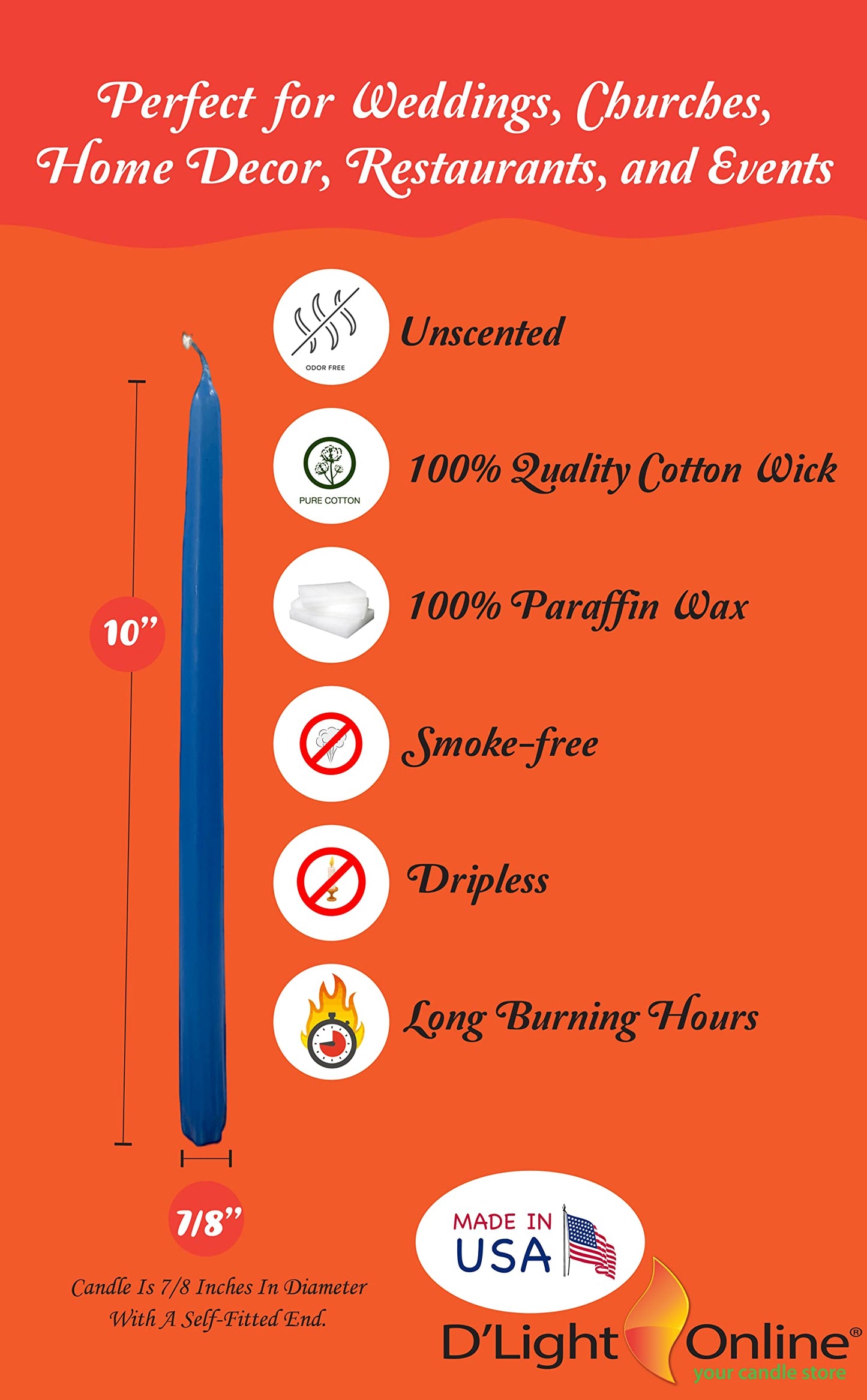 D'light Online Elegant 10" Unscented Medium Royal Blue Taper Candles, Premium Quality Hand-Dipped Tapered Candles, Dripless and Smokeless - Set of 12 Individually Wrapped (10 Inch, Medium Blue)