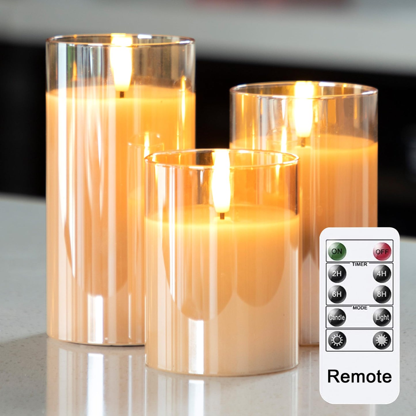 LUSHARBOR LUSHABOR Flameless Candles with Remote, 3 Pack Glass Battery Operated Candles with Timer, Real Wax Glass LED Candles Flickering Wedding Home Party Christmas D3 H4 5" 6" Gold