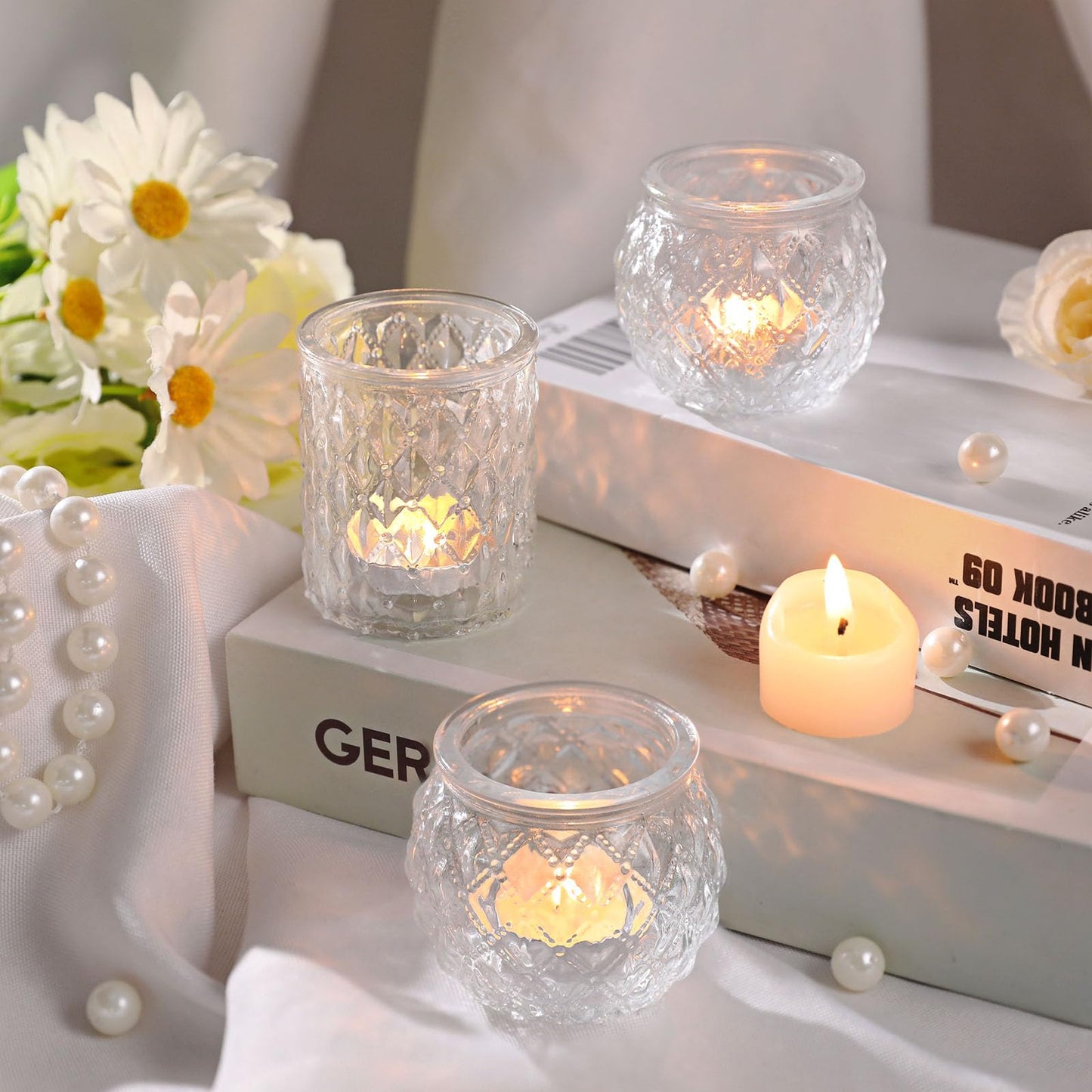 DARJEN Clear Votive Candle Holders Set of 24- Round Glass Candle Holders Bulk for Tea Light Candle, Embossed Candle Votives for Wedding Centerpiece, Various Parties & Home Decor