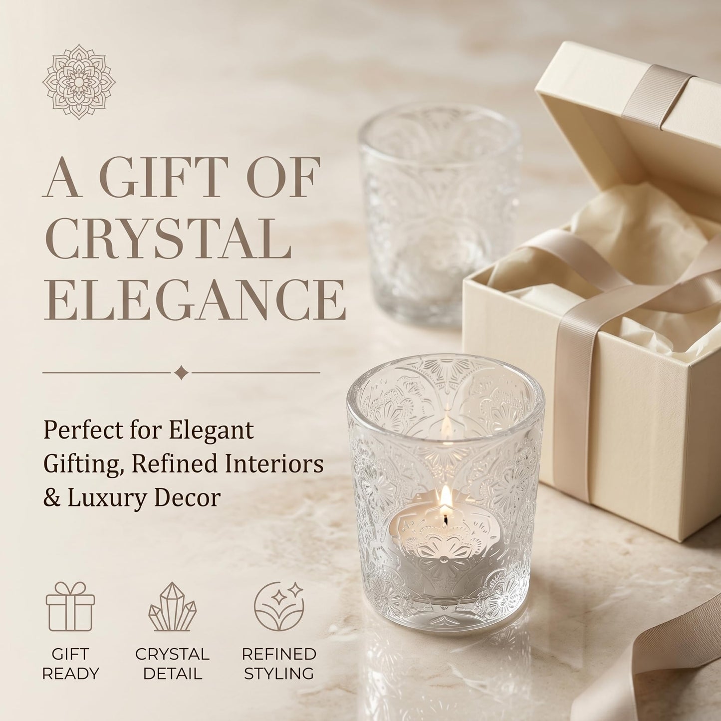 6 Pack Mandala Embossed Glass Candle Holders – Votive Tealight Holders with Patent Design, Decorative Embossed Glass Cups for Wedding Centerpieces, Parties, and Home Décor (Crystal Clear)