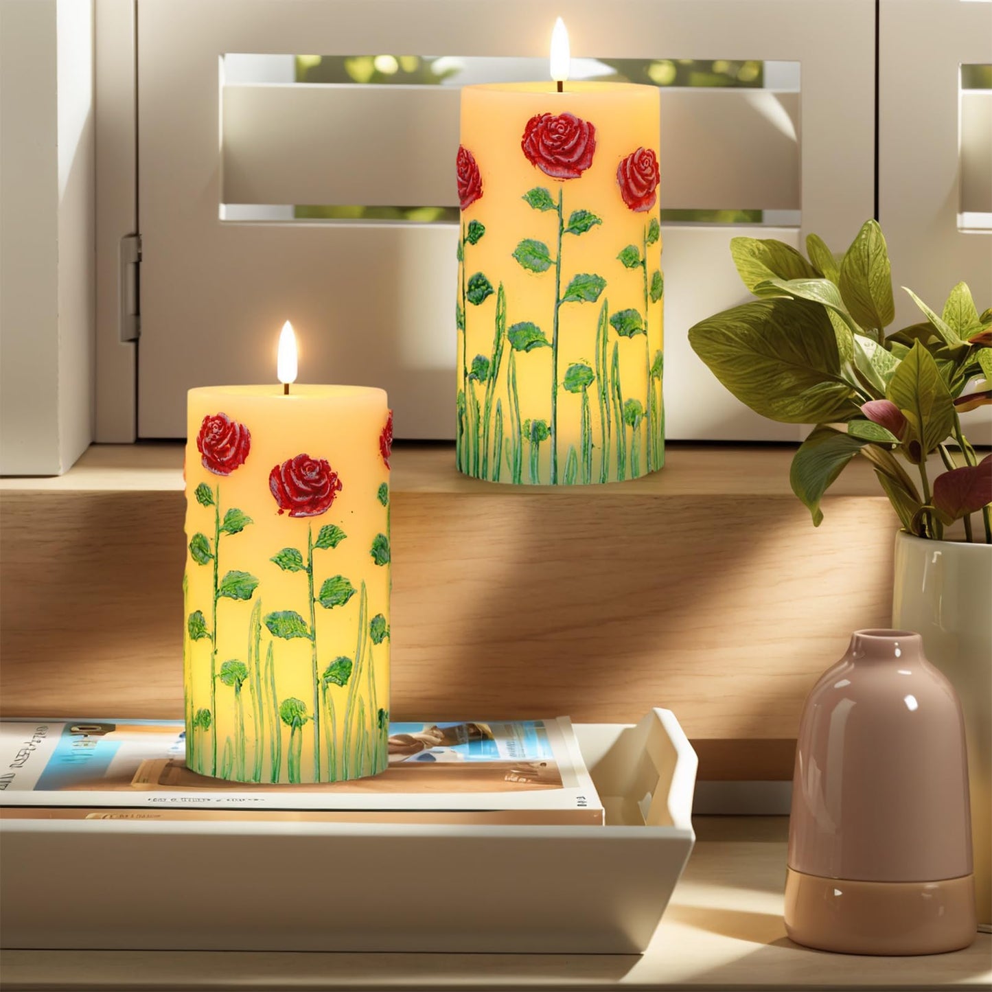 DRomance Roses Flower Flameless Candles Battery Operated with 6 Hour Timer 3D Wick Flickering LED Pillar Candles Real Wax Hand-Painted Dinner Christmas Holiday Decor(2 Pack, 3" D x 6.5" H)