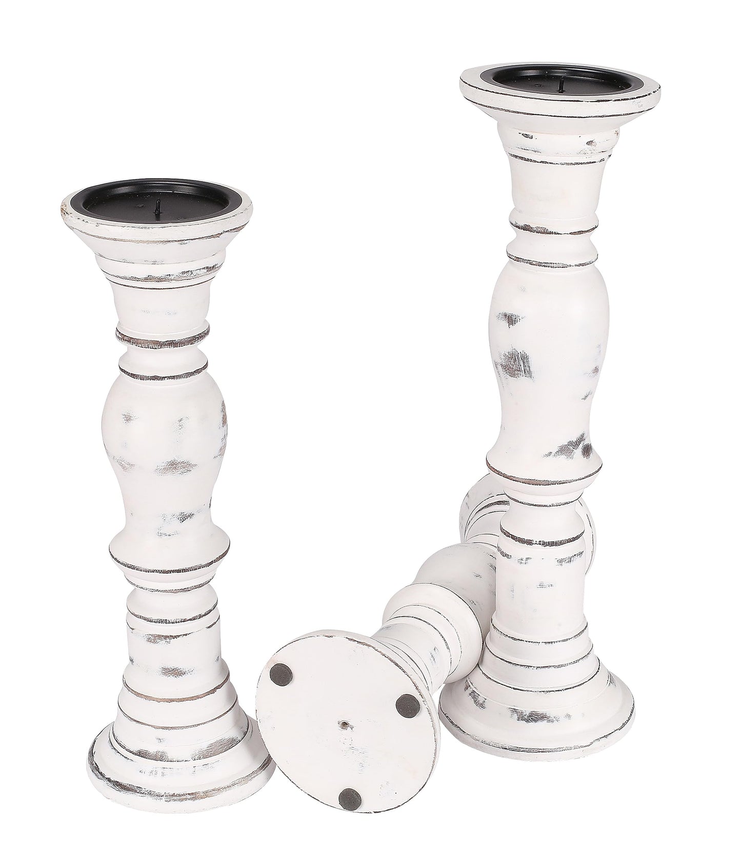 Candle Stands Wooden for Pillar Candles,Rounded Turned Colums, Sustainable Woods, Country Style, Idle for Reiki, Aromatherapy, Votive Candle Garden Home décor - 16,14,12 Inch Set of 3 - White Antique