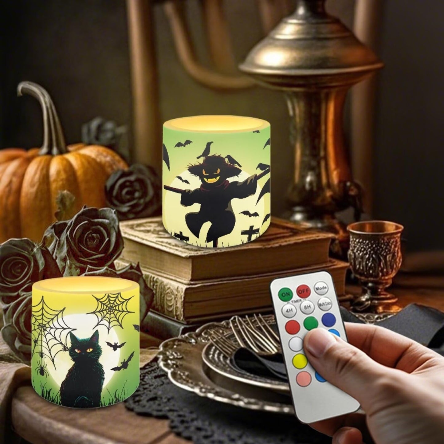 Merkmak Flameless Candles with Remote Battery Operated Candles with Timer Halloween Spider Web Black Cat Pumpkin Print Flameless Pillar Tea Lights for Party Home Decorations