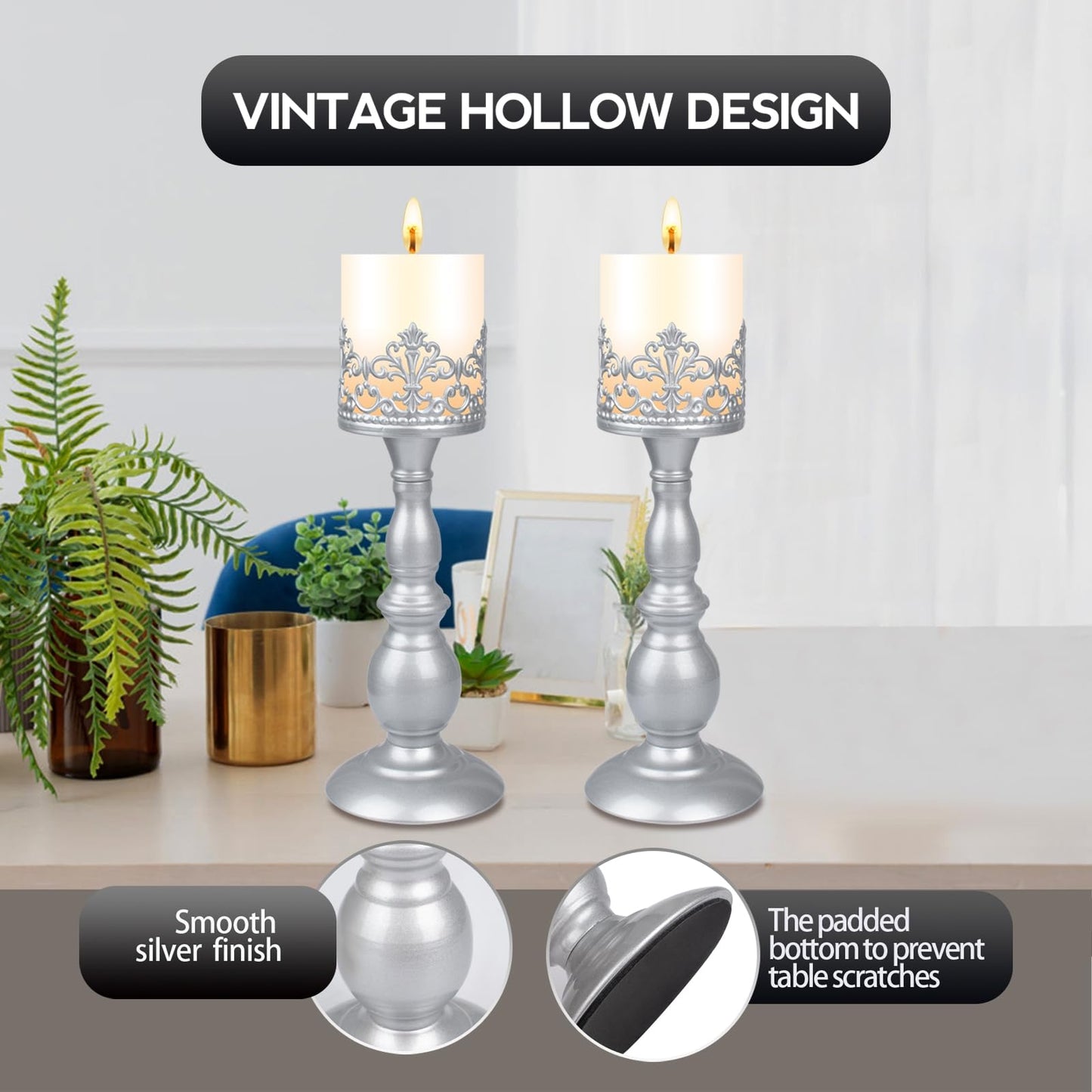 Candle Holders for Pillar Candles Gothic Matte Pearl Silver Tall Candle Holders Set of 2 Decorative Large Table Centerpieces Candle Stand Decor (Pearl Silver 2PCS A)