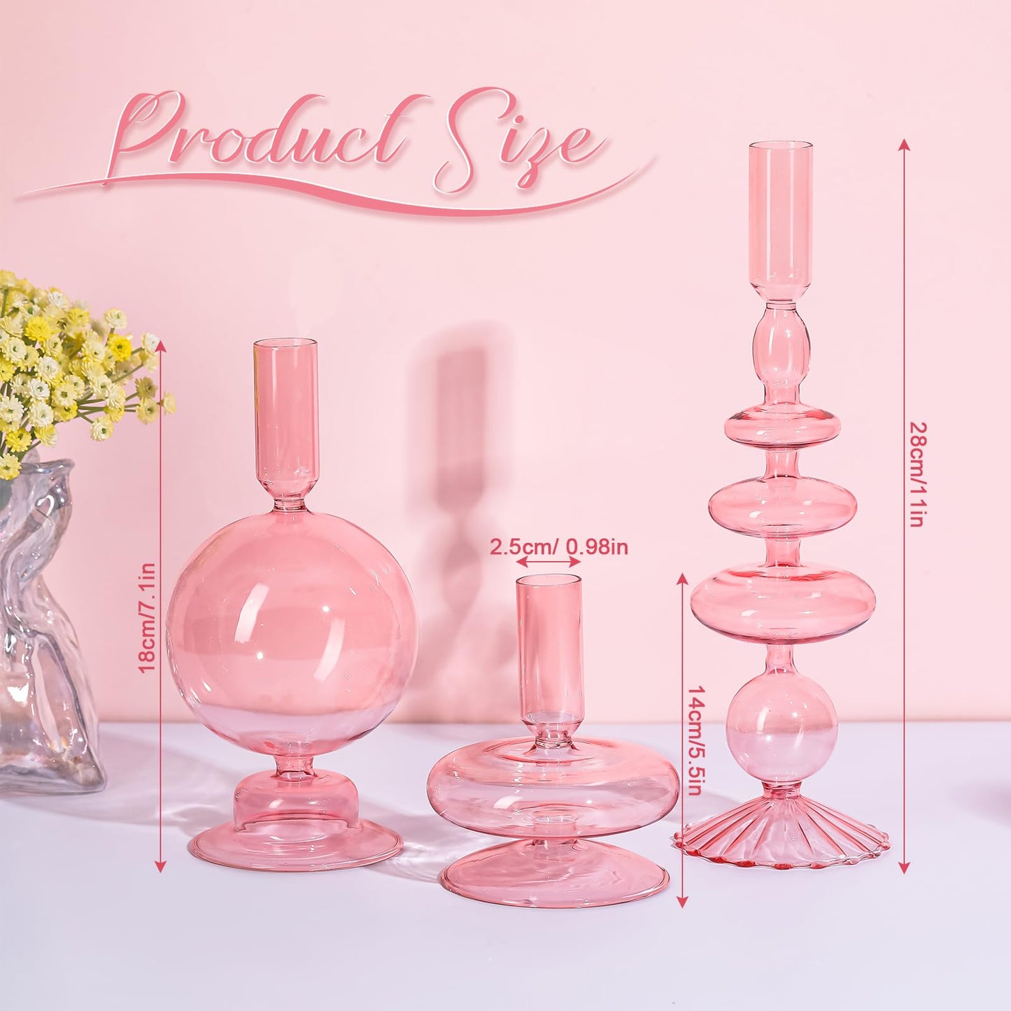 Rtteri 3 Pcs Glass Candlestick Holders Glass Candle Holders Groovy Wavy Elegant Taper Candle Stick for Wedding Home Birthday Party Easter St Patricks Day Decoration Windowsill Decor(Pink)