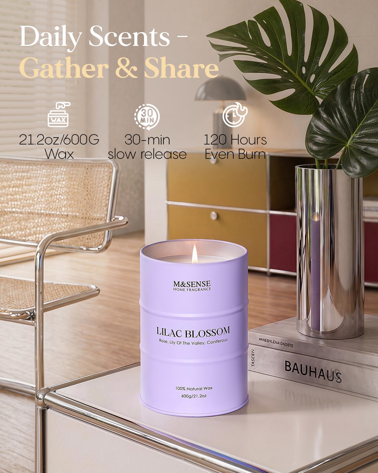 M&SENSE Lilac Blossom Soy Candles for Home Scented, 21.2oz 120 Hour Long Burning Large Aromatherapy Candle for Stress Relief Meditation Yoga Relaxing SPA, Housewarming Gifts for Women