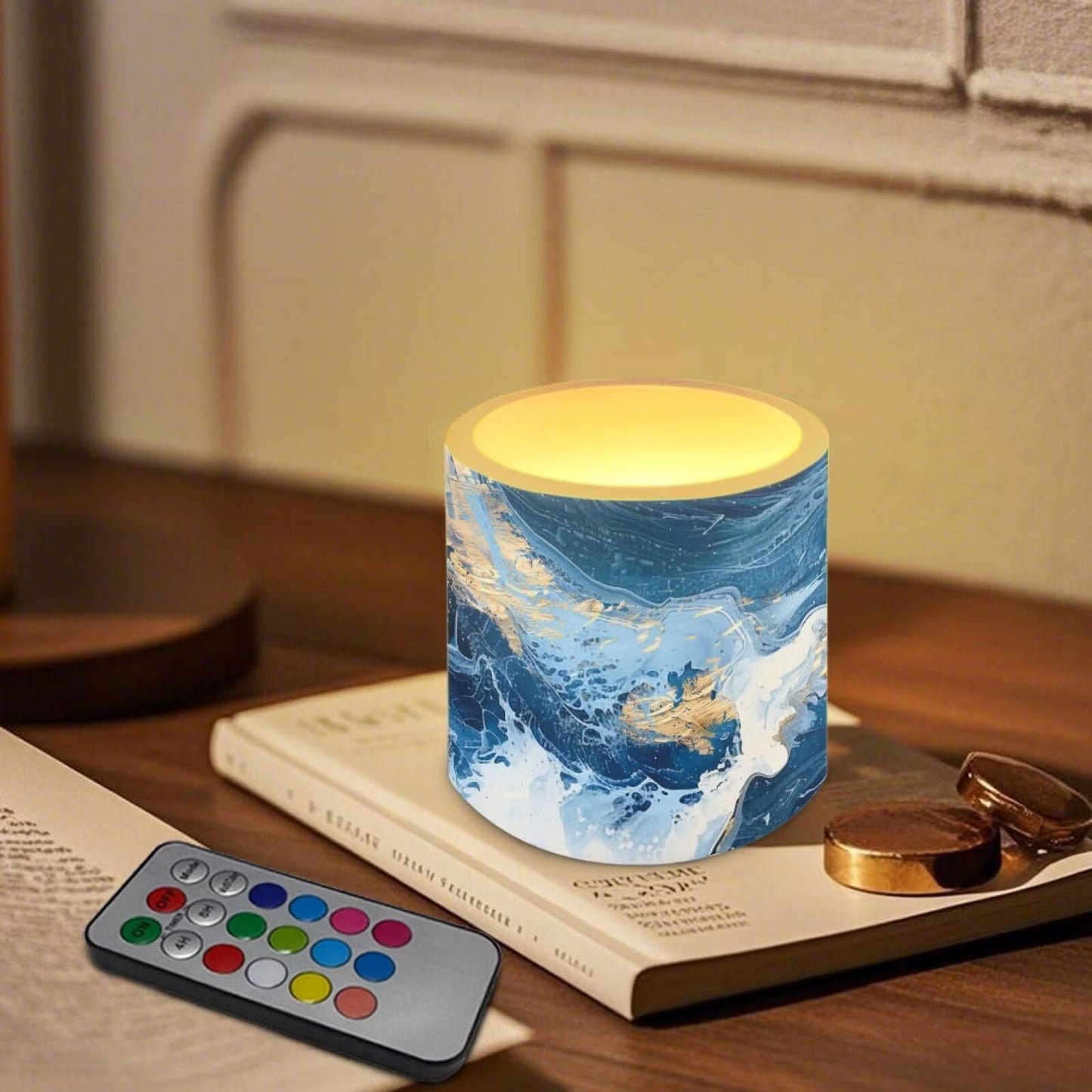 Merkmak Blue Marble Flameless Candles with Remote and Timer Candles Battery Operated LED Pillar Tea Lights for Home Decoration