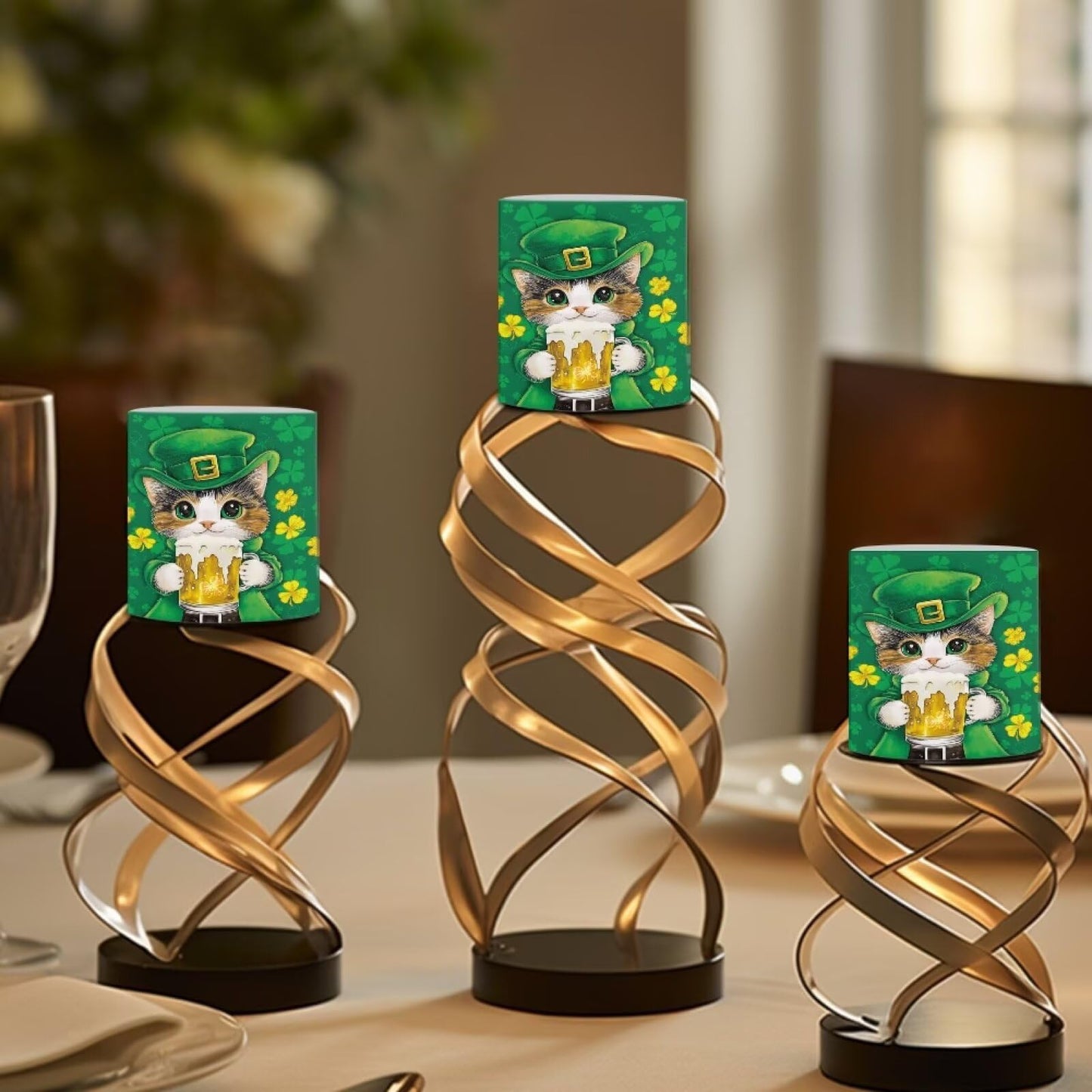 Merkmak St Patrick's Day Flameless Candles with Remote Battery Operated LED Pillar Candles with Timers Tea Lights for Party Home Living Room Decor, Cat Shamrocks Print