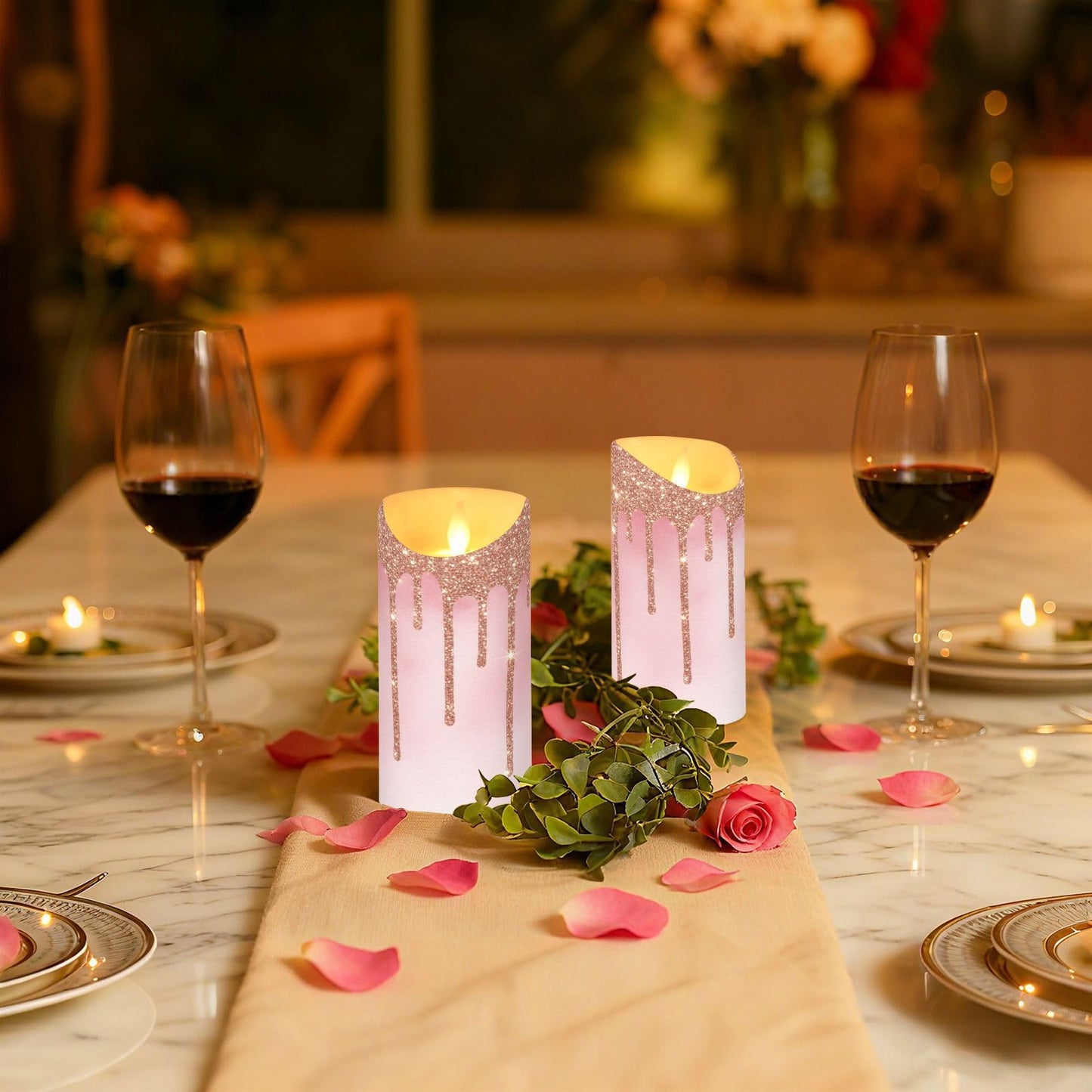 Flameless Candles Set of 2 Rose Gold Pink Glitter Drips Realistic LED Candles with Remote Battery Operated Holiday Decorations
