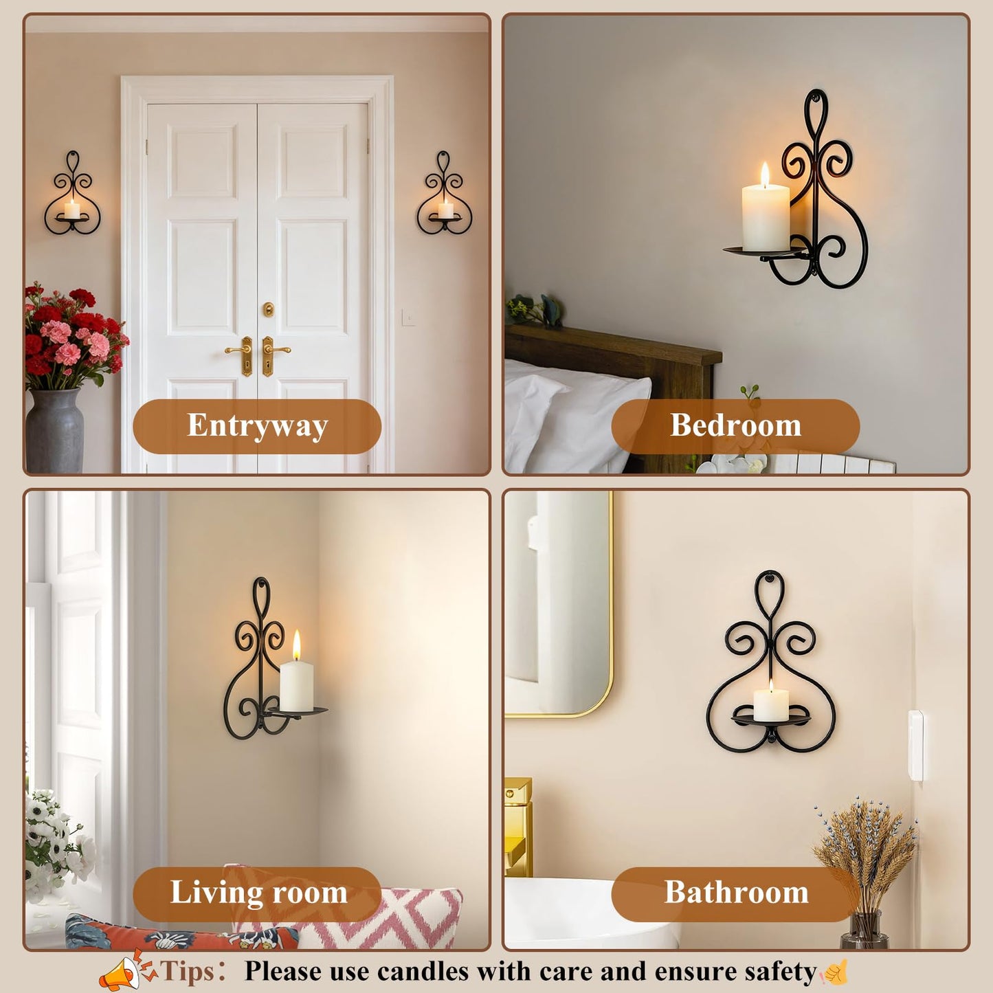 Wall Candle Sconces Set of 2, Double Scroll Pattern Candle Sconces, Metal Wall Candle Holder for Home Decor, Living Room, Dining Room, Bedroom, Black, Gifts for Men Women Mom or Dad