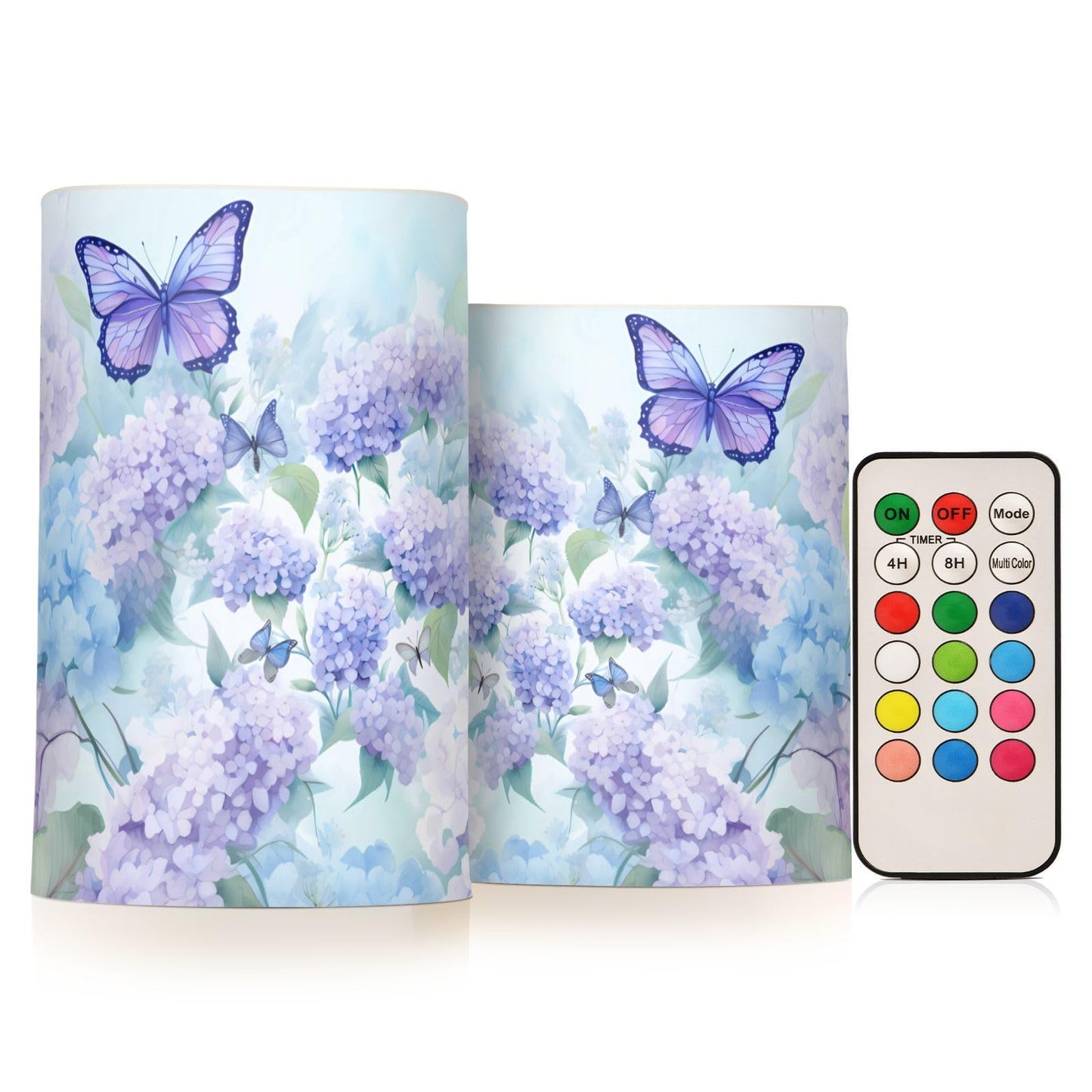 ALAZA Blue Hydrangea Flowers with Butterflies Flickering Flameless Candles Battery Operated with Remote Timer,Tea Light Candles LED Pillar Votive Candles Set of 2 for Outdoor Indoor Decorations