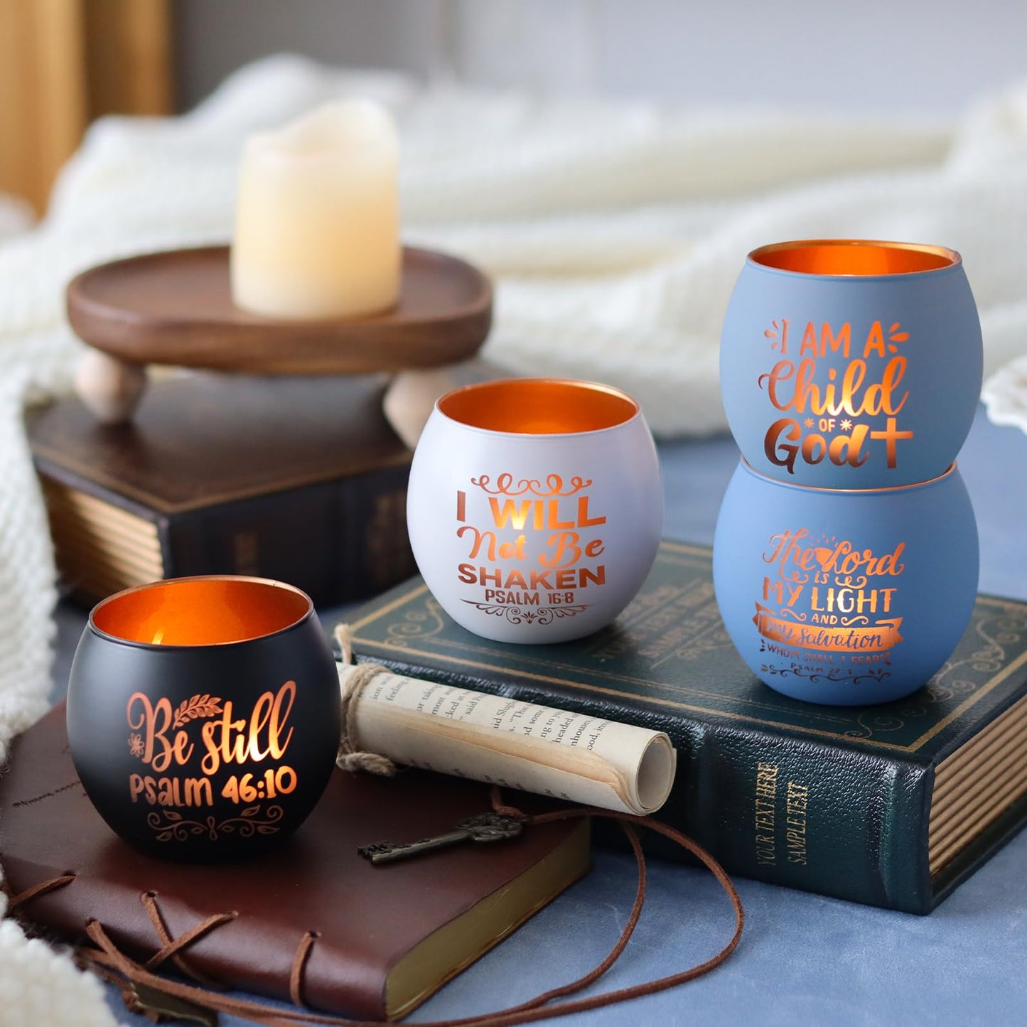 Christian Gifts for Men, Glass Candle Holders Set, Blue Tealight Votive Holders with Bible Verses, Religious Birthday Gifts for Dad, Brother, Son, Him, Coworker, Unique Spiritual Gifts for Men