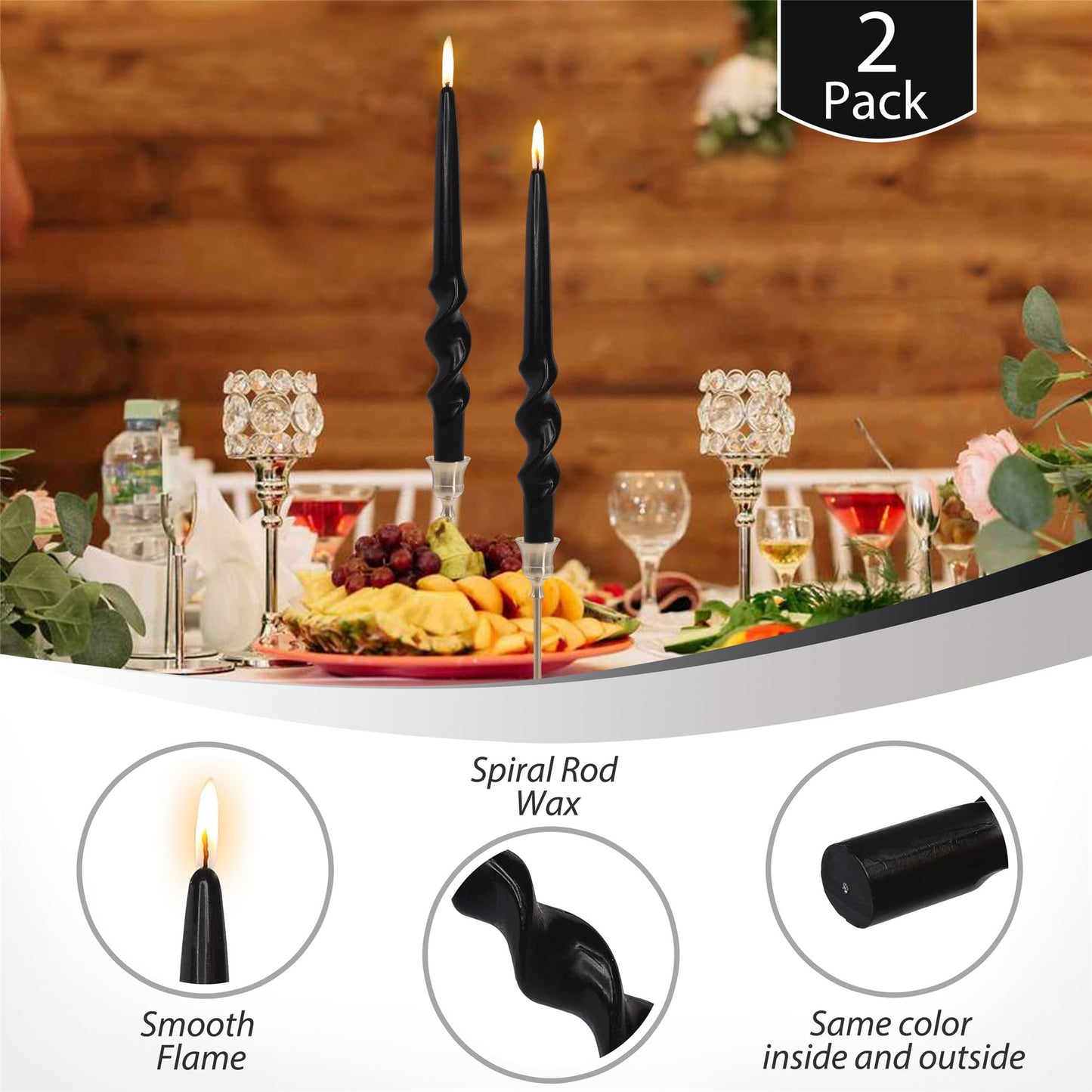 Black Spiral Taper Candles 10 Inch, 2pcs Twisted Candlesticks Dripless Unscented Long Dinner Candles for Wedding Easter Home Decor Romantic Table Setting Housewarming & Mother's Day