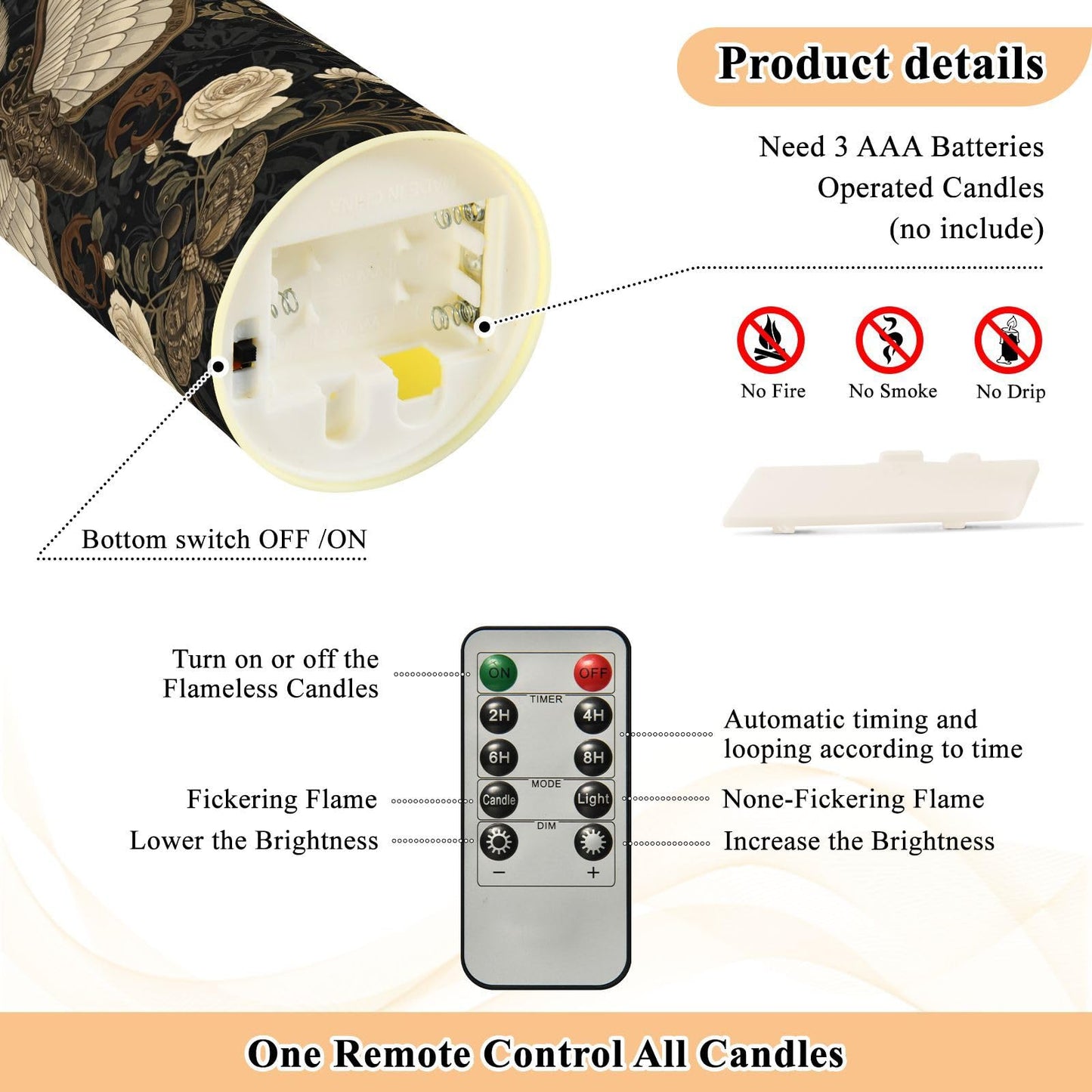 ALAZA Gothic Pattern Flameless Candles with Remote Timer,LED Flickering Battery Operated Electric Pillar Tea Light Candles for Wedding Table Christmas Decorations 3" x5.9"