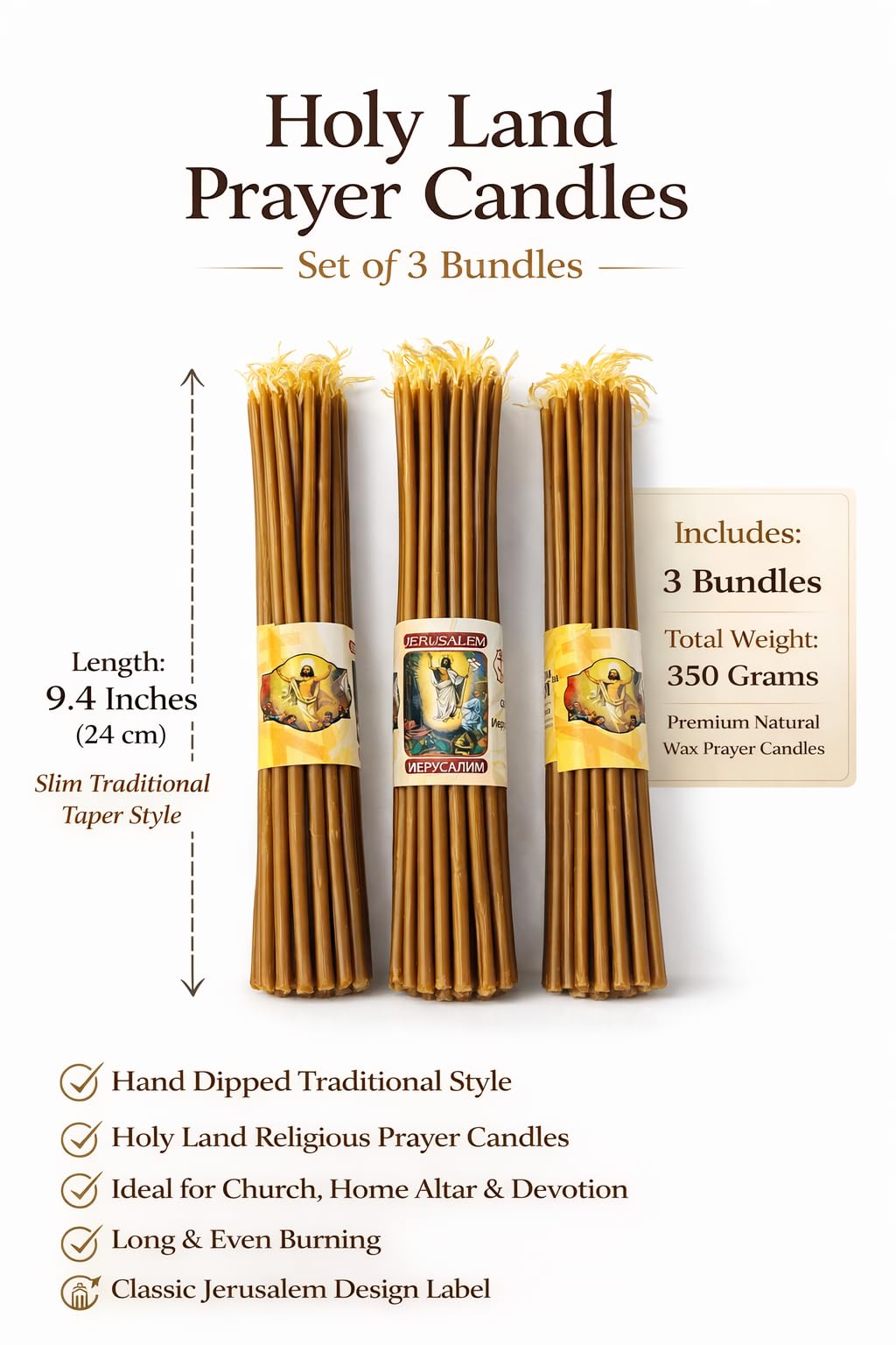 ZULUF 33 Beeswax Taper Candles Blessed at Holy Sepulchre Jerusalem – 9” Honey Scent Orthodox Church Prayer Candles, Christian Devotional Candles for Liturgy, Easter, Home Altar – 3 Bundles (99 Total)