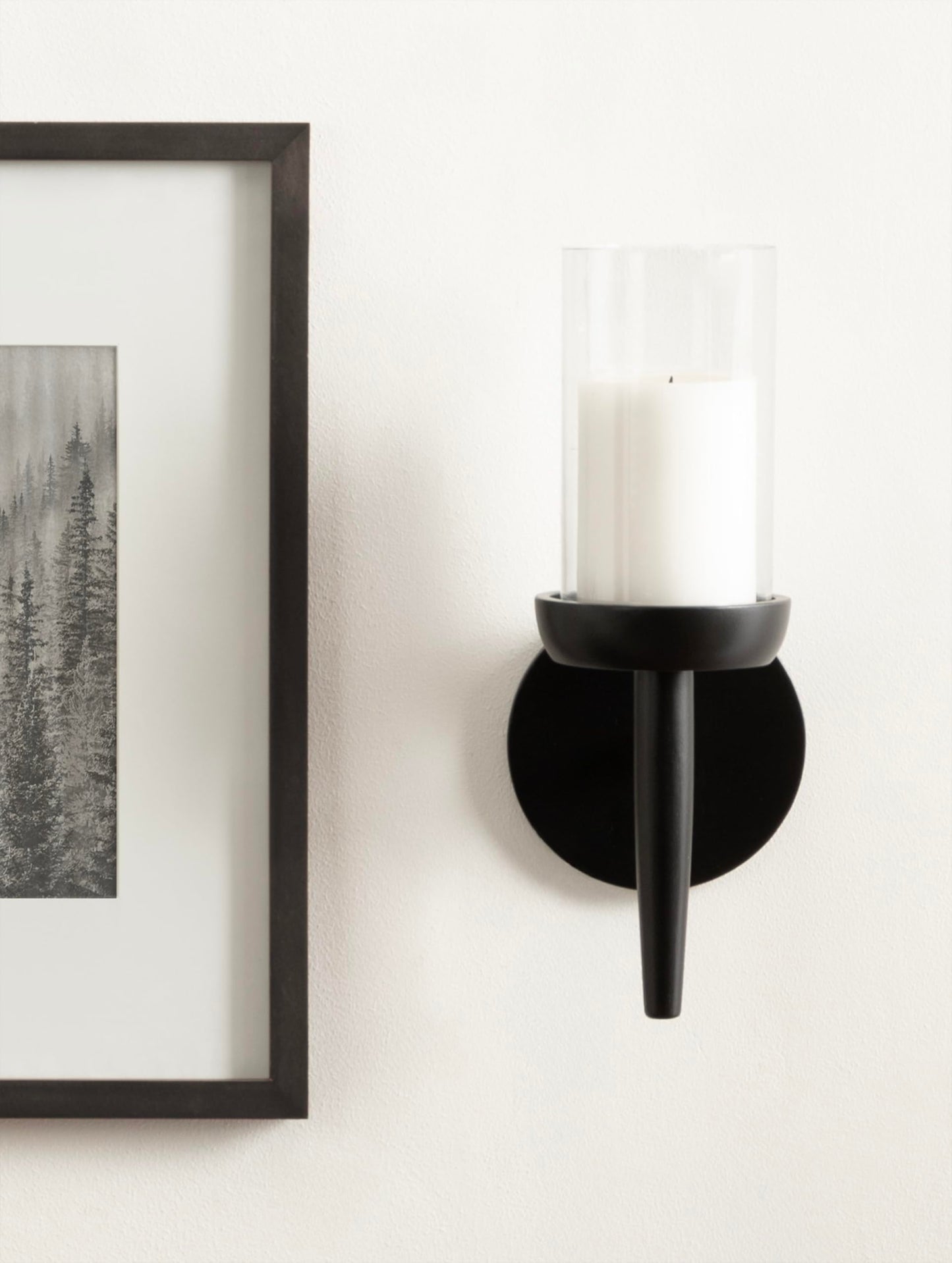 Kate and Laurel Shae Transitional Wooden Wall Sconce; 5 x 5 x 13; Black; Modern Candle Holder with Removable Glass Cylinder for Flameless Pillar Candles in Bedroom or Entryway