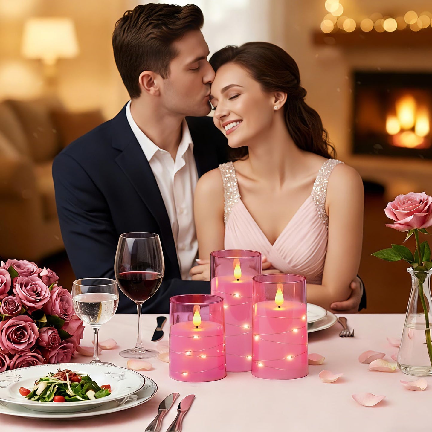 Homemory Flameless Pink Candles with Embedded Star String Fairy Lights, Battery Operated Candles, LED Candle, Fake Candles with Remote Control and Timer, Set of 3(H 4" 5" 6”)