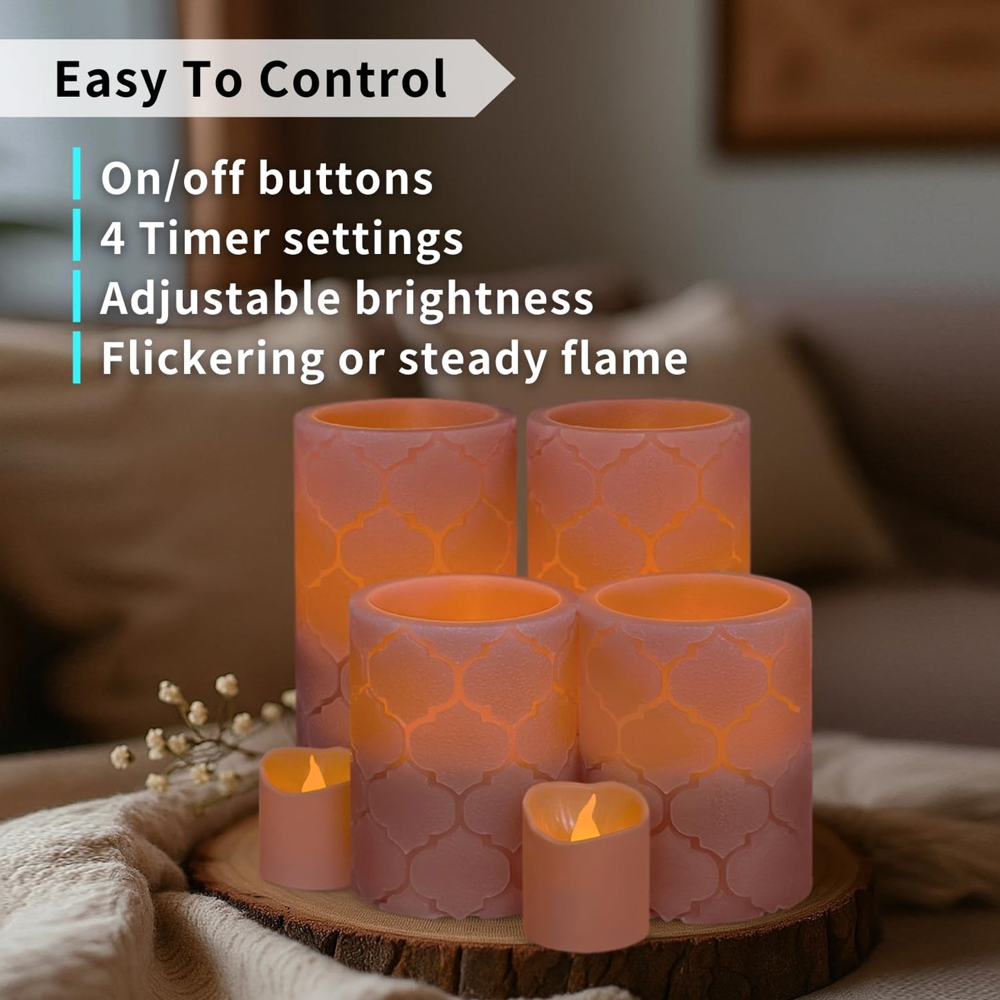 FURORA LIGHTING Dusty Rose Flameless Candles - Real Wax, Adjustable Brightness, Remote & Timer - 4 Pillars (3x4, 3x6) and 4 Votives, 8-Pack, Battery Operated