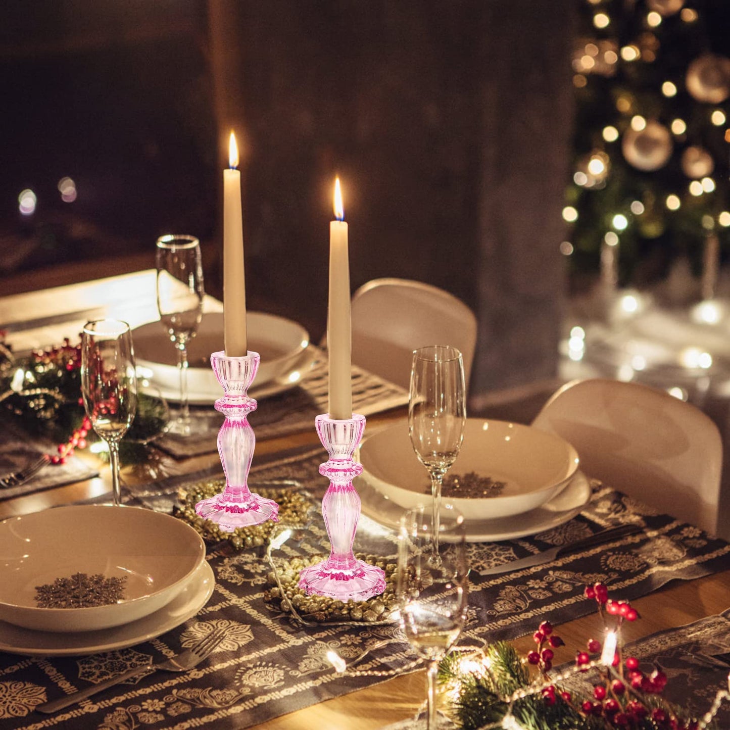 Glass Candle Holders, 2PCS Decorative Candle Stand Wide Base Candlestick Holder Table Centerpiece Decor for Wedding Festival Party Windowsill, Pink