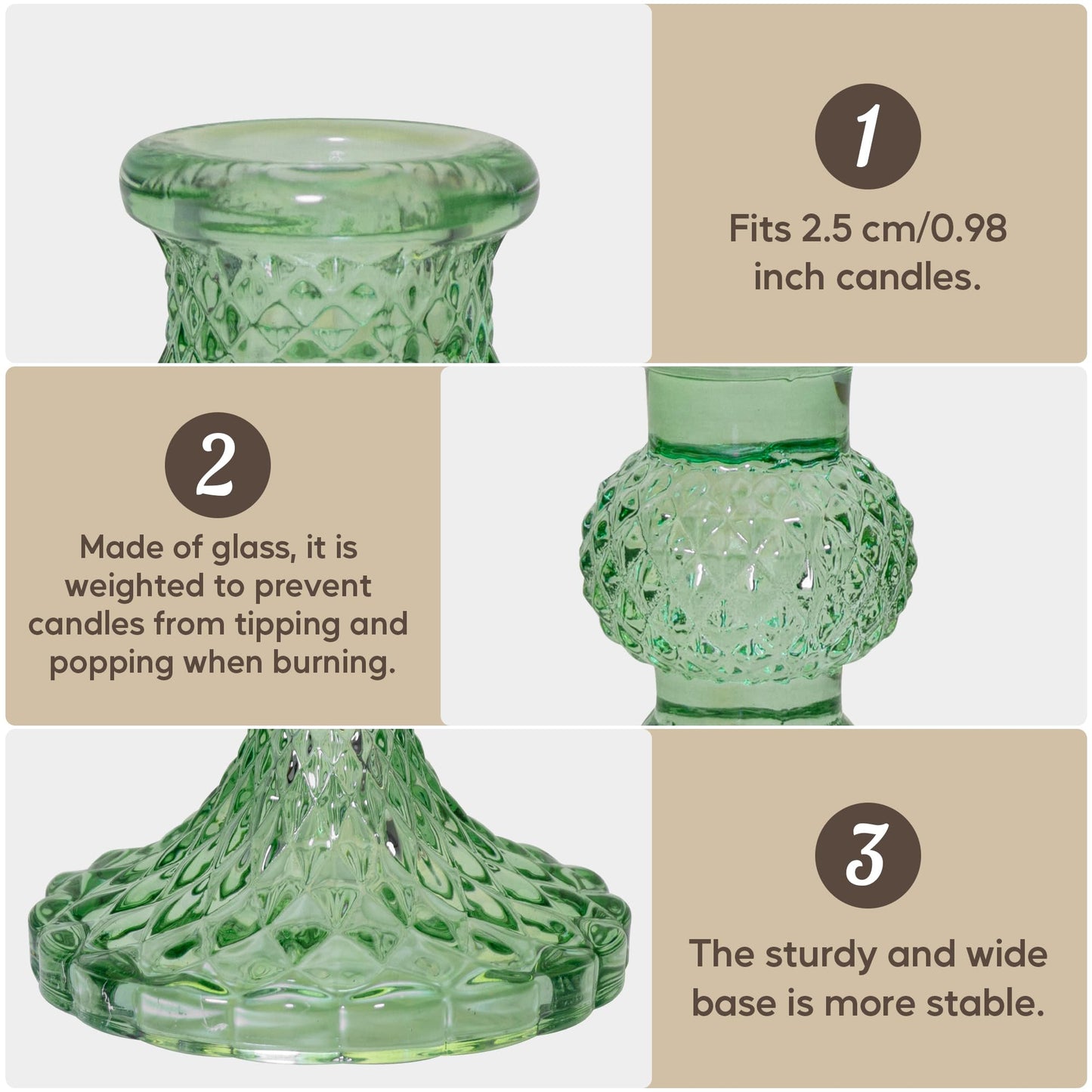 Glass Candlestick Holder Taper and Pillar Candle Holder, Desktop Decoration for Wedding Dinning Party-3 pcs(Green)