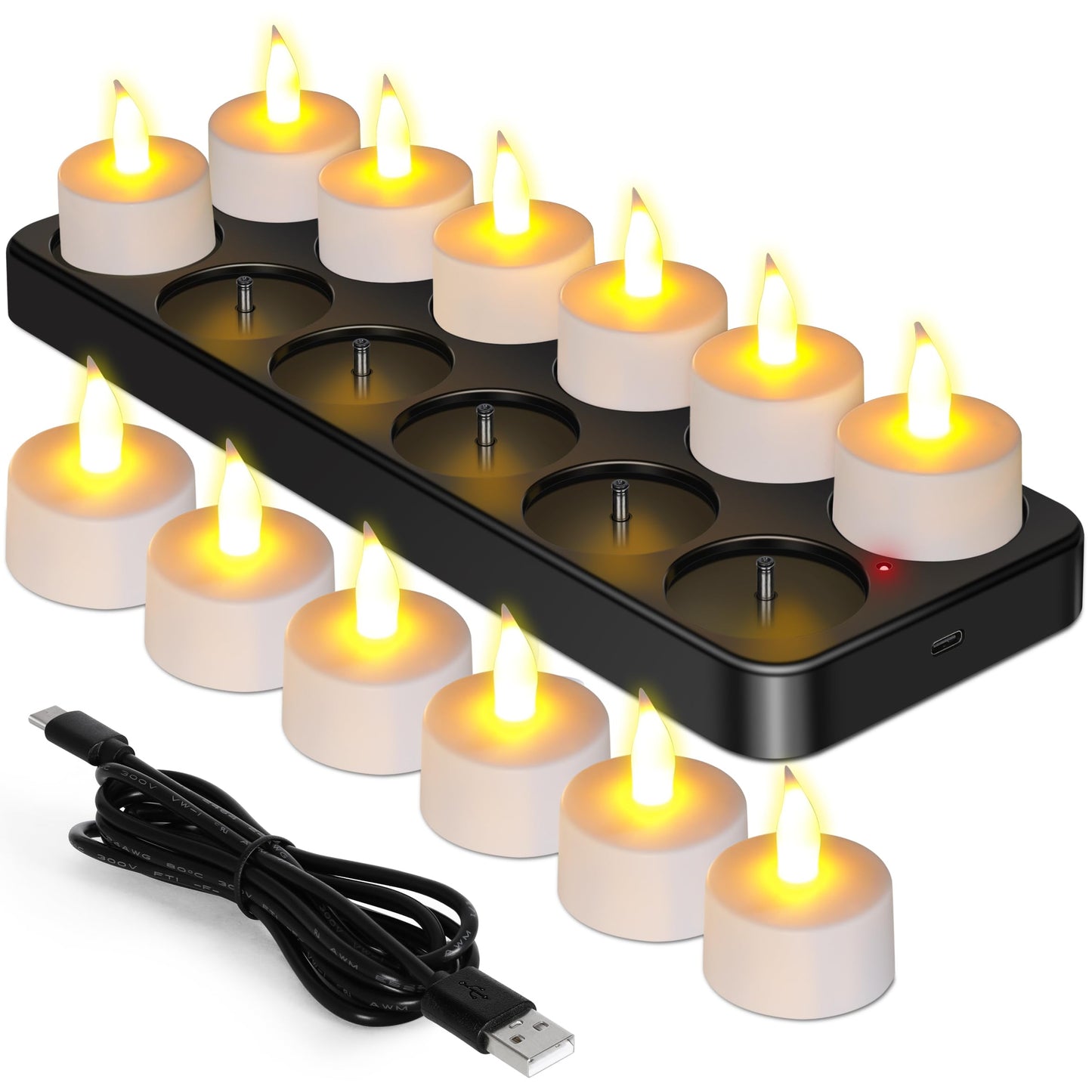 Esup Rechargeable Tea Lights Rechargeable Candles Flameless Flickering Candles Tealights 12pcs/Set with Black Charging Base, Decoration Parties, Weddings, Bar, Family, Dinner Outdoor Picnic ﻿