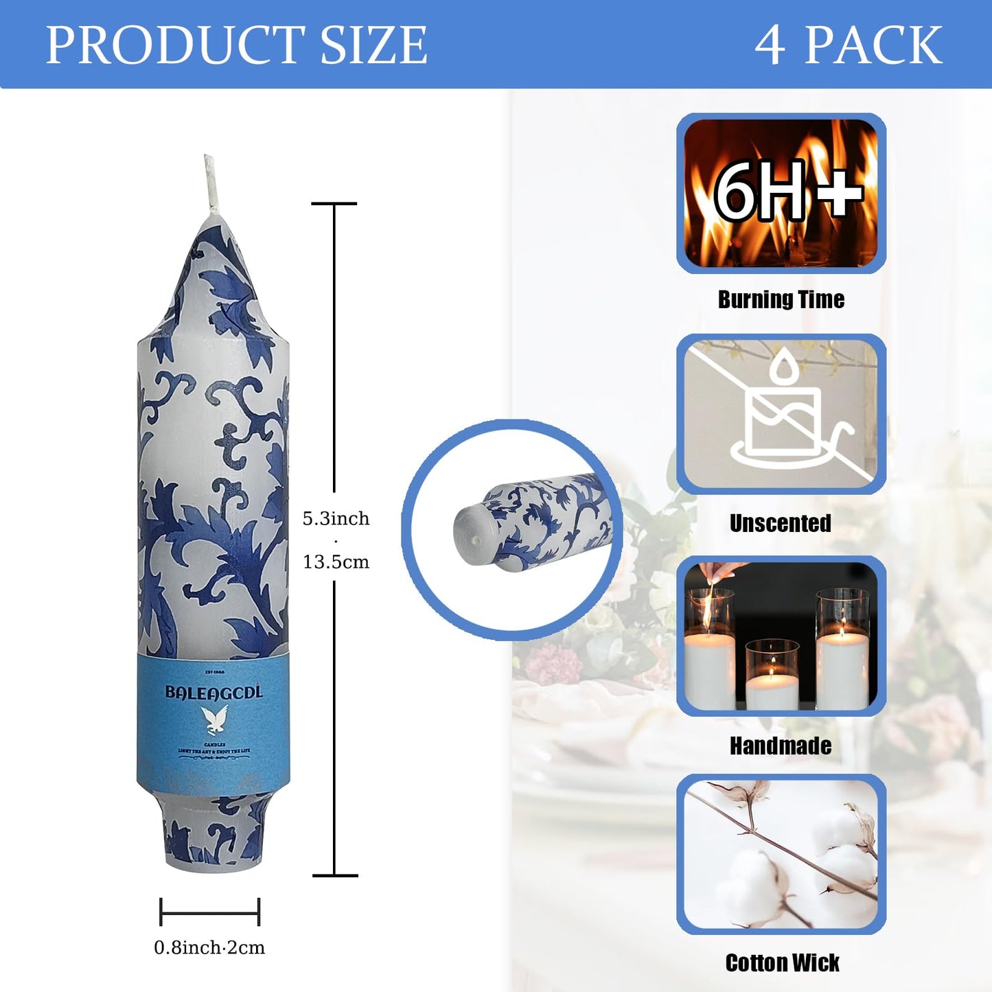 Unscented 5 Inch 4 Pack Blue and White Porcelain Short Taper Candles, Handmade Smokeless Candle Sticks for Candlelight Dinner Valentine's Day Wedding Home Decor