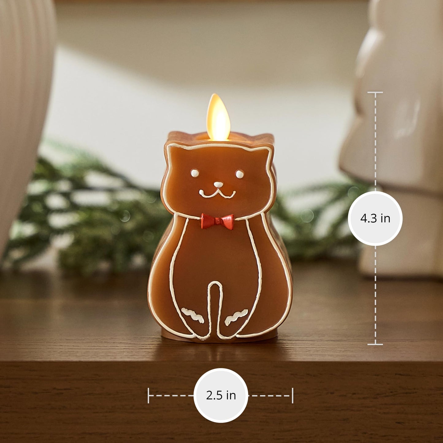 Luminara Flickering Flameless Candle 2.5" x 4.3", Battery Operated & Timer Function, Remote Ready (Sold Separately), Gingerbread Cat Moving Flame LED Light Figural Candle for Christmas Holiday Display