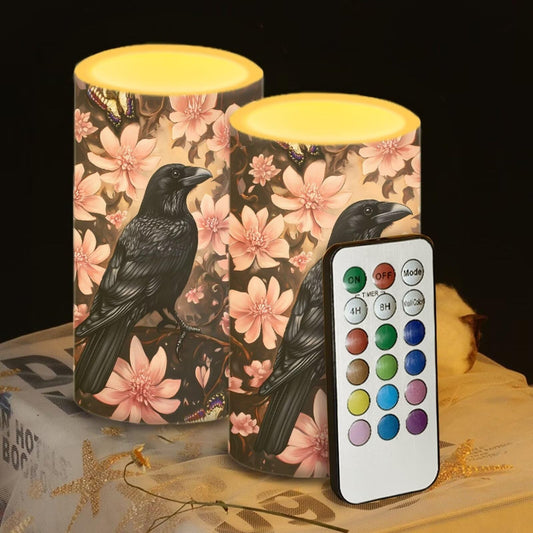 Luarisgur Crow Flameless Candles 2 Pack 6 x 3 inch Battery Operated Candles with Multicolor Timer Remote Control LED Fake Candles for Warm Light Dinner Table Home Decor