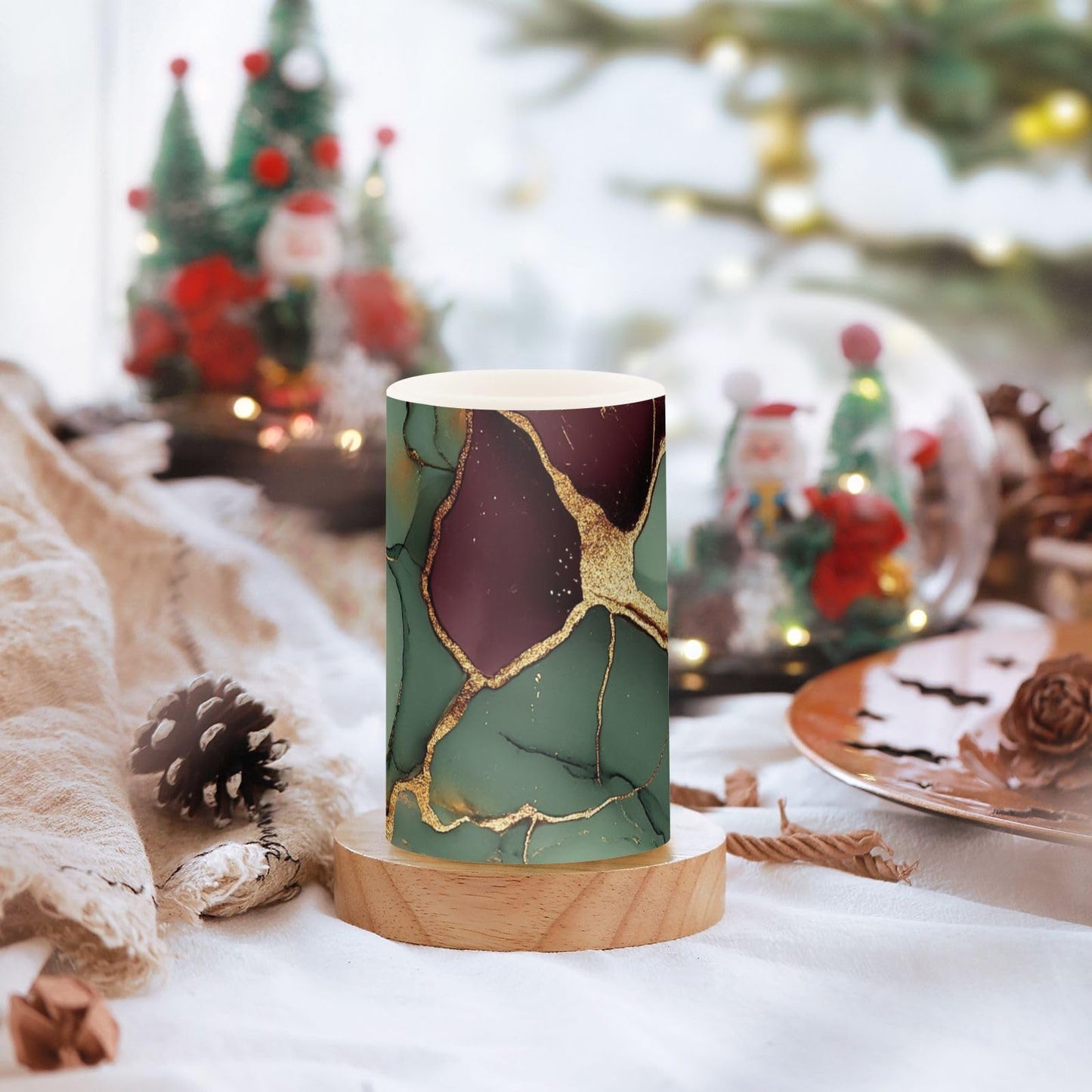 famyily Marble Burgundy Sage Green Flameless Candles Flameless Candle Lantern with Timer for Outdoor 4" 5" Set of 2