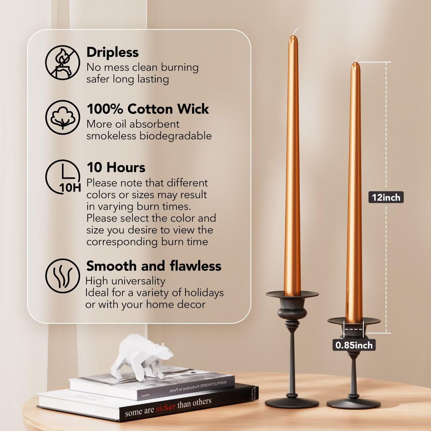 Pickood 12-Inch Tall Dripless Taper Candles Set of 4 - Metallic Copper Tapered Candles, Perfect for Christmas - Smokeless, Unscented, Long Burning - Hand Poured, Colored Tall Candlesticks