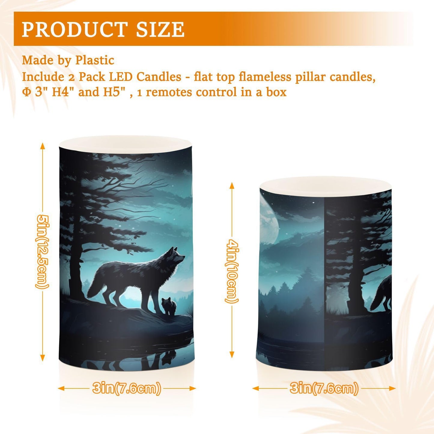 Blueangle Set of 2 Evening Moon Wolf Flameless Candles Battery Operated Flickering Pillar LED Plastics Candle Set with Remote Control Timer for Decorations